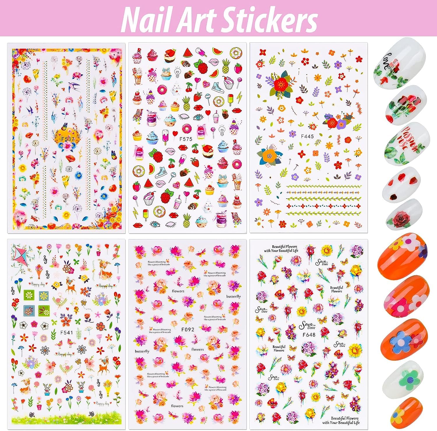 Gleevia 12 Sheets Self-Adhesive Nail Art Stickers - Floral, Butterfly, Stars, Fruits & Leaves Nail Decals for Women & Kids | Perfect for DIY Manicures, Parties & Special Occasions