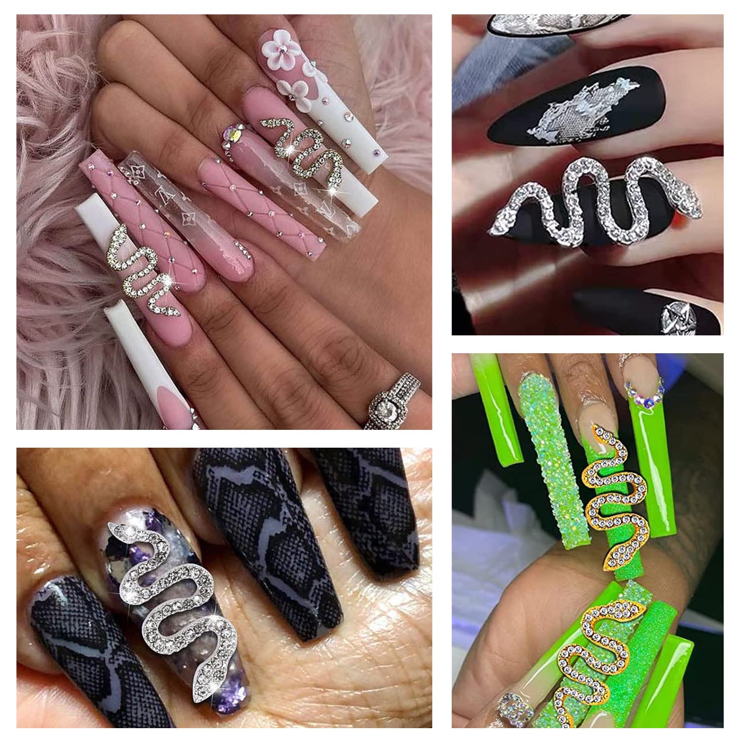 12pcs 3D Snake Nail Charms - Gold & Silver Alloy Nail Rhinestones for Acrylic Nails | Women's Nail Art Decorations | Perfect for Halloween, Gothic, or Party Nail Designs