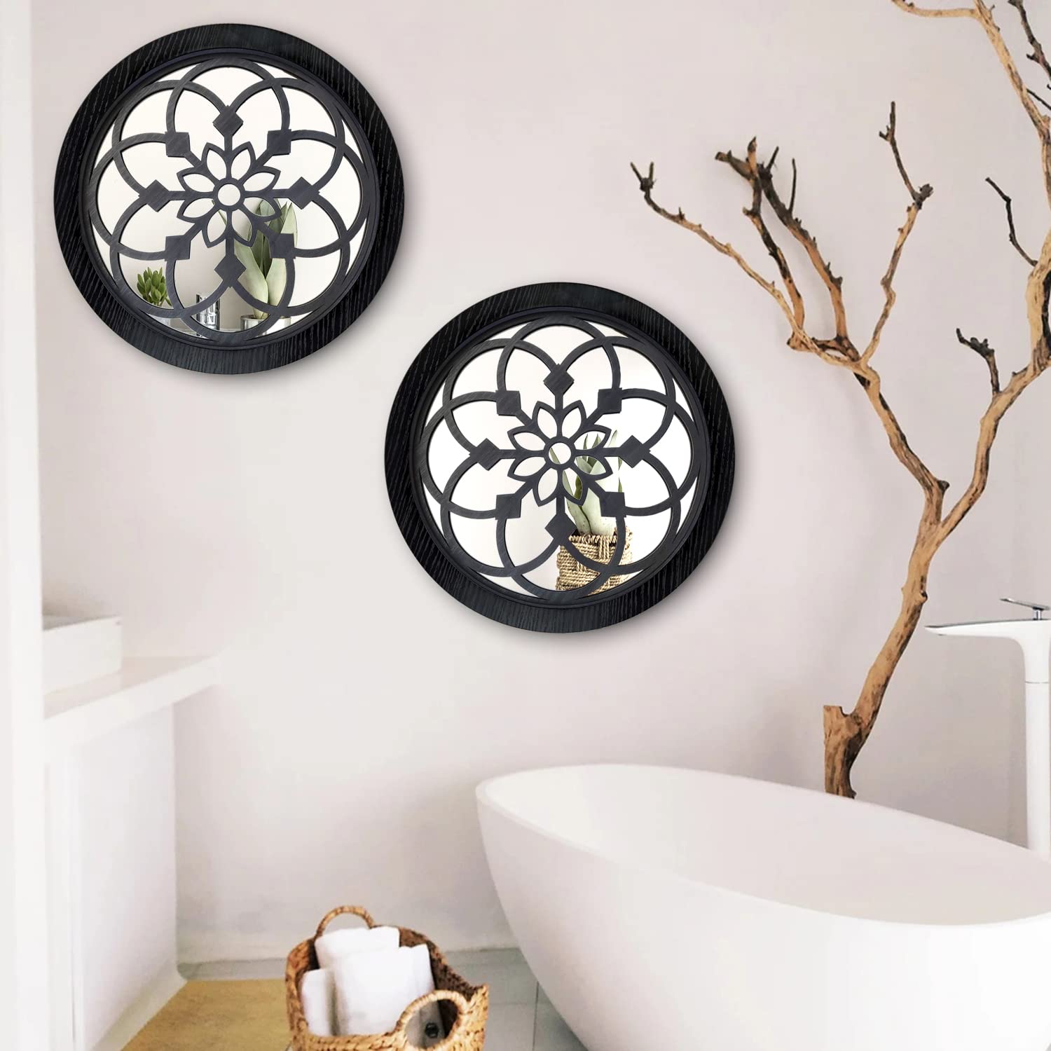 12 Inch Round Wall Mirror Set of 2 - Rustic Farmhouse Black Entry Mirror for Bathroom, Bedroom & Living Room Decor - Perfect for Home Renovation, Interior Design and Wall Accents