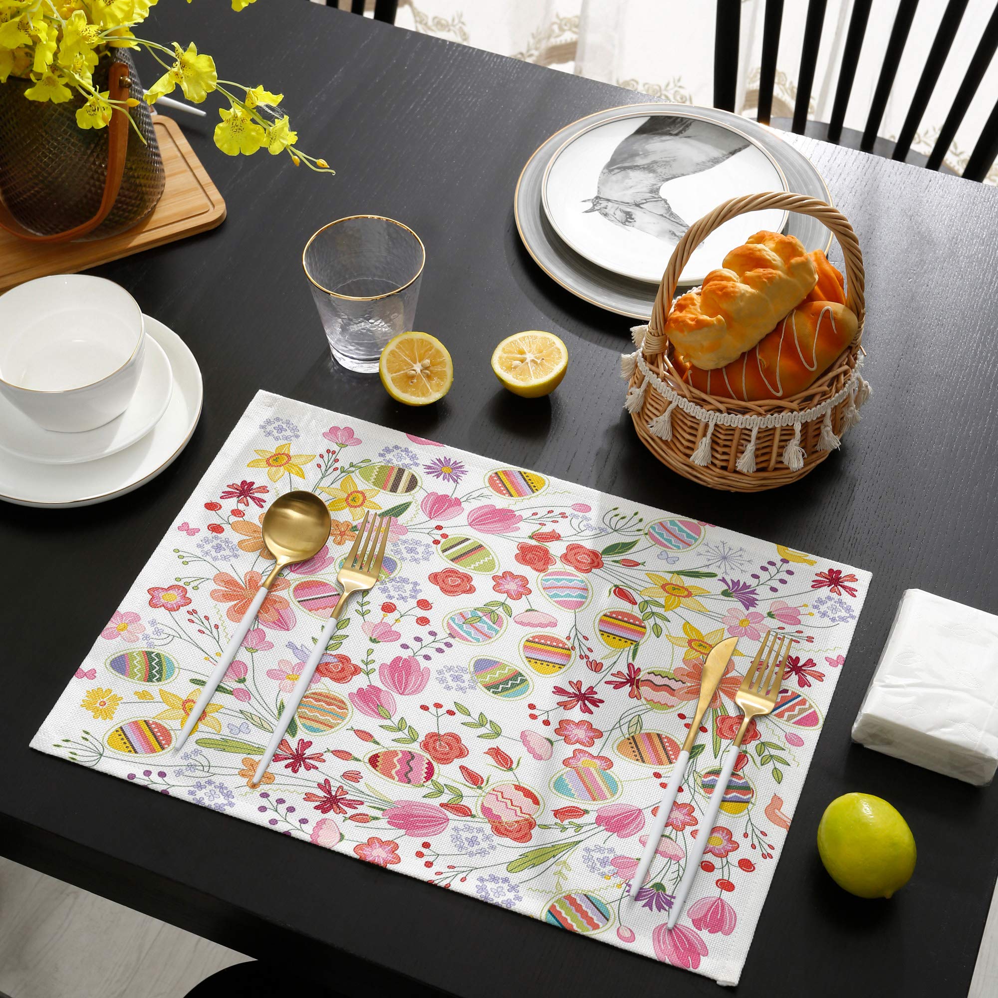 Xspring Easter Placemat Set of 6 - Colorful Floral Flower Eggs Design, Heat Resistant & Washable Burlap Table Mats for Kitchen, Dining & Outdoor Use - Perfect for Holiday Decorations, Party Settings & Everyday Dining
