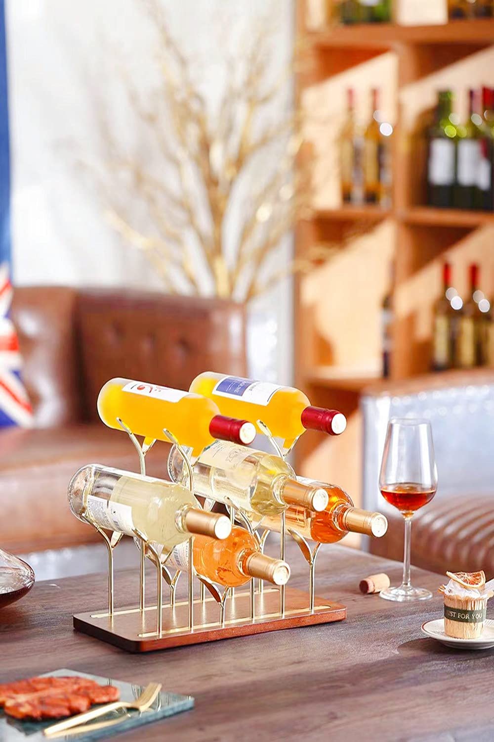 Wooden Countertop Bottle Rack - Holds 6 Wine Bottles - Gold Metal & Wood Tabletop Holder for Kitchen, Bar, Cellar Storage - Perfect for Home Decor, Cabinet & Pantry Organization - Ideal for Wine Lovers & Entertaining Guests