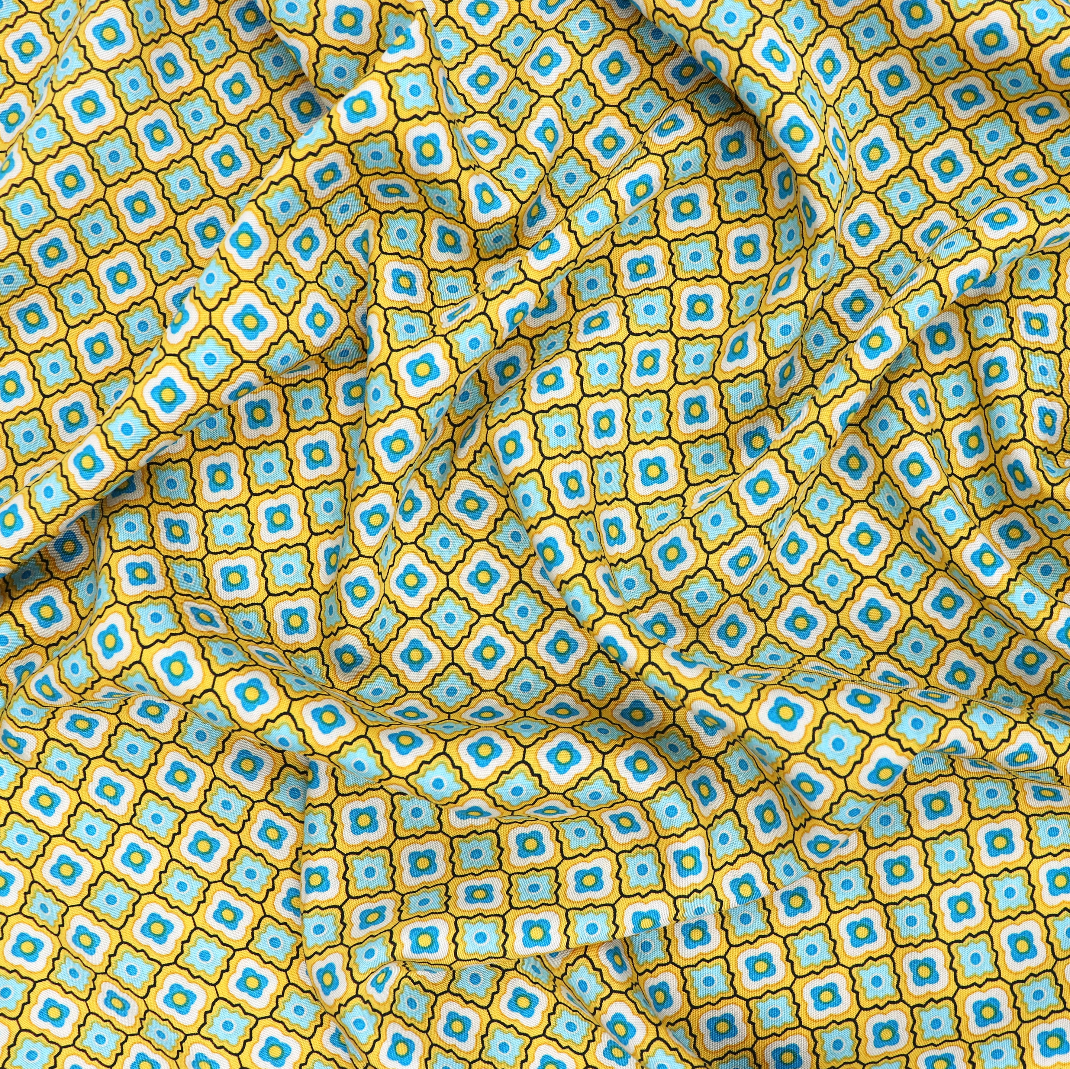 Viscose Lawn Fabric with Yellow Flower Tiles Print - Soft & Breathable Material for Dresses, Skirts & Summer Clothing | Perfect for DIY Sewing Projects & Fashion Design