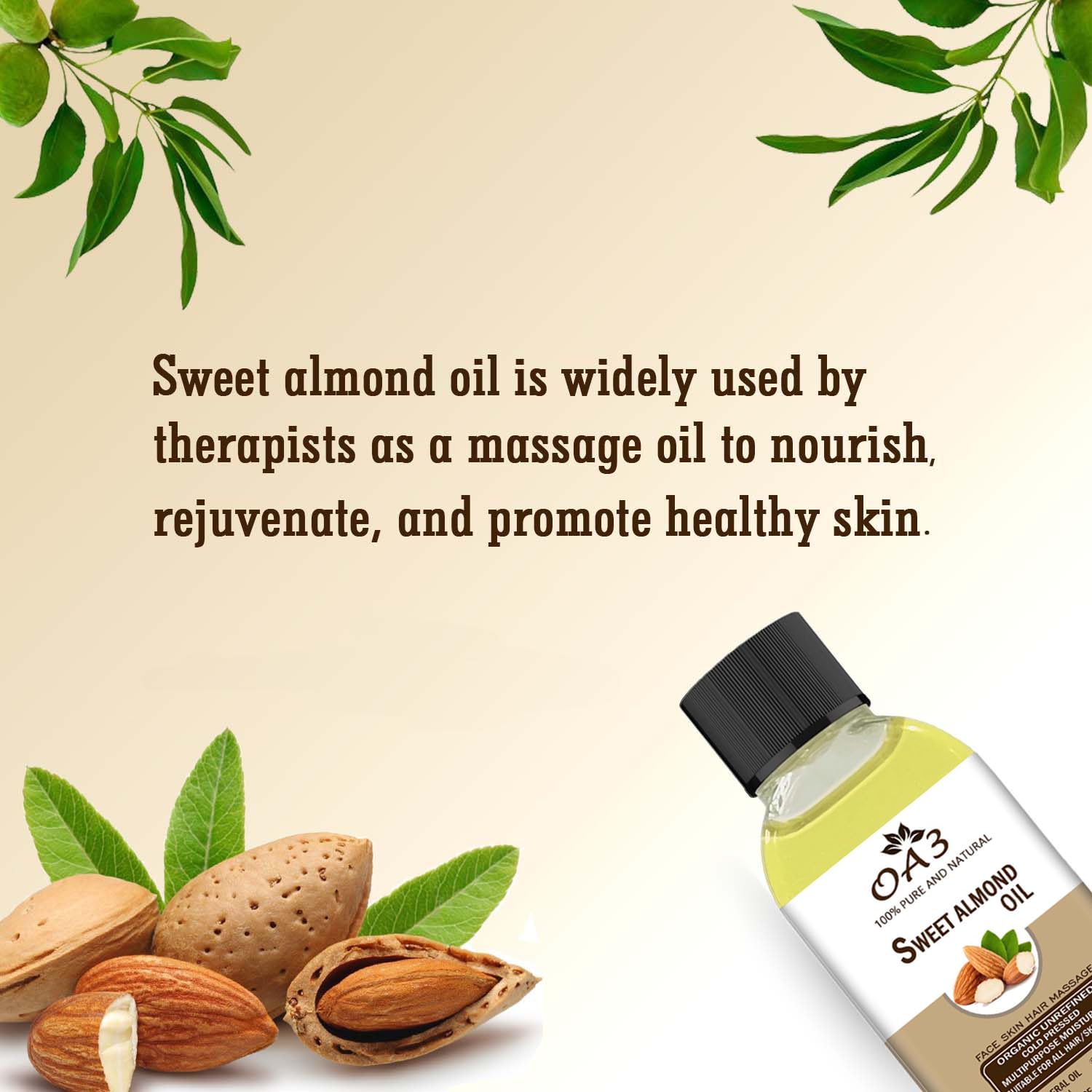 100% Pure Certified Organic Sweet Almond Oil - Cold Pressed, Unrefined, Non-GMO for Hair Growth, Face Moisturizer & Body Massage | Natural Skin Care & Aromatherapy | 50ml Bottle for Daily Beauty Routine