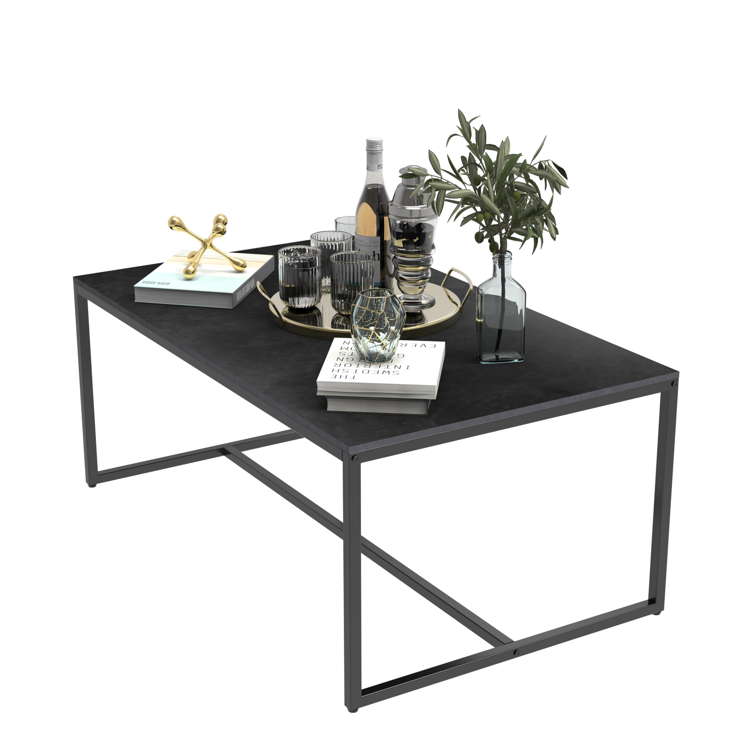 Wisfor Sintered Stone Coffee Table - Black Rectangular Sofa Center Table with Sturdy Metal Frame - Modern Living Room Furniture Decor (39.4x23.6x15.7 Inch) - Perfect for Small Spaces, Apartments & Cozy Home Gatherings
