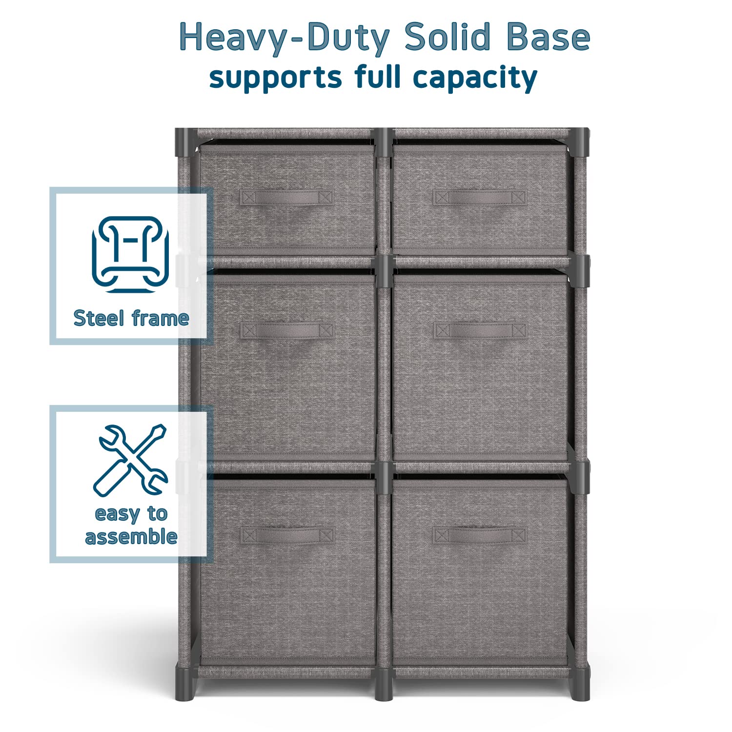6-Cube Storage Organizer Shelf with Bins - Sturdy Gray Fabric Cube Shelves for Bedroom, Playroom, Office & Dorm - Perfect for Organizing Toys, Books, Clothes & Home Decor Accessories