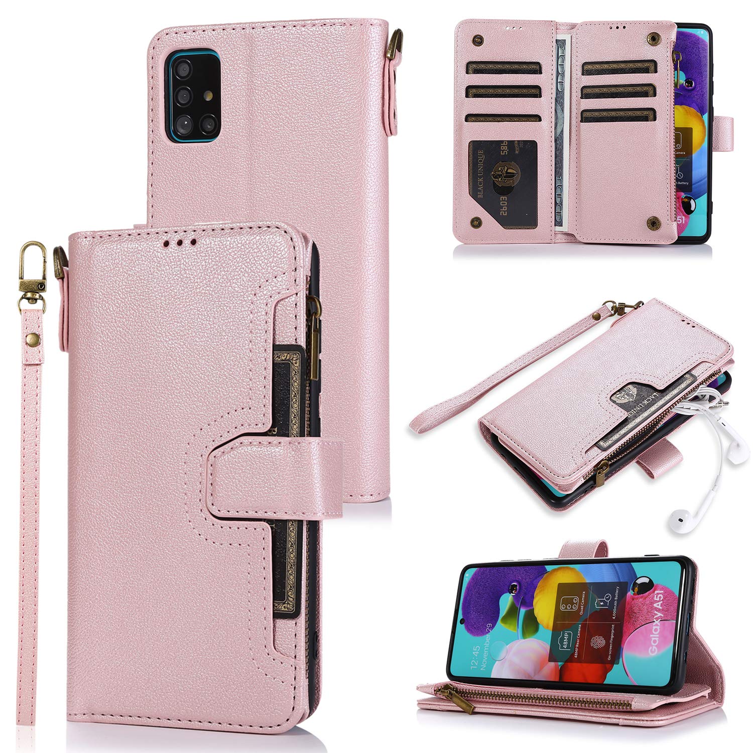 Premium Leather Wallet Case for Samsung Galaxy A41 - Card Holder, Kickstand, Wrist Strap & Magnetic Closure | Large Capacity Zipper Purse | Perfect for Work, Travel & Everyday Use (Rose Gold)