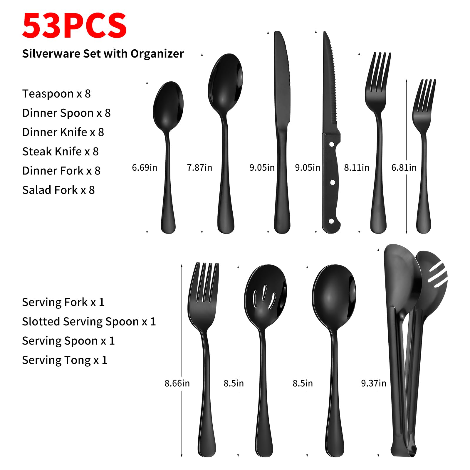 53-Piece Stainless Steel Flatware Set for 8 - Black Silverware Set with Steak Knives, Spoons, Forks & Serving Utensils - Includes Cutlery Drawer Organizer - Mirror Polished - Perfect for Dinner Parties, Restaurants & Home Dining