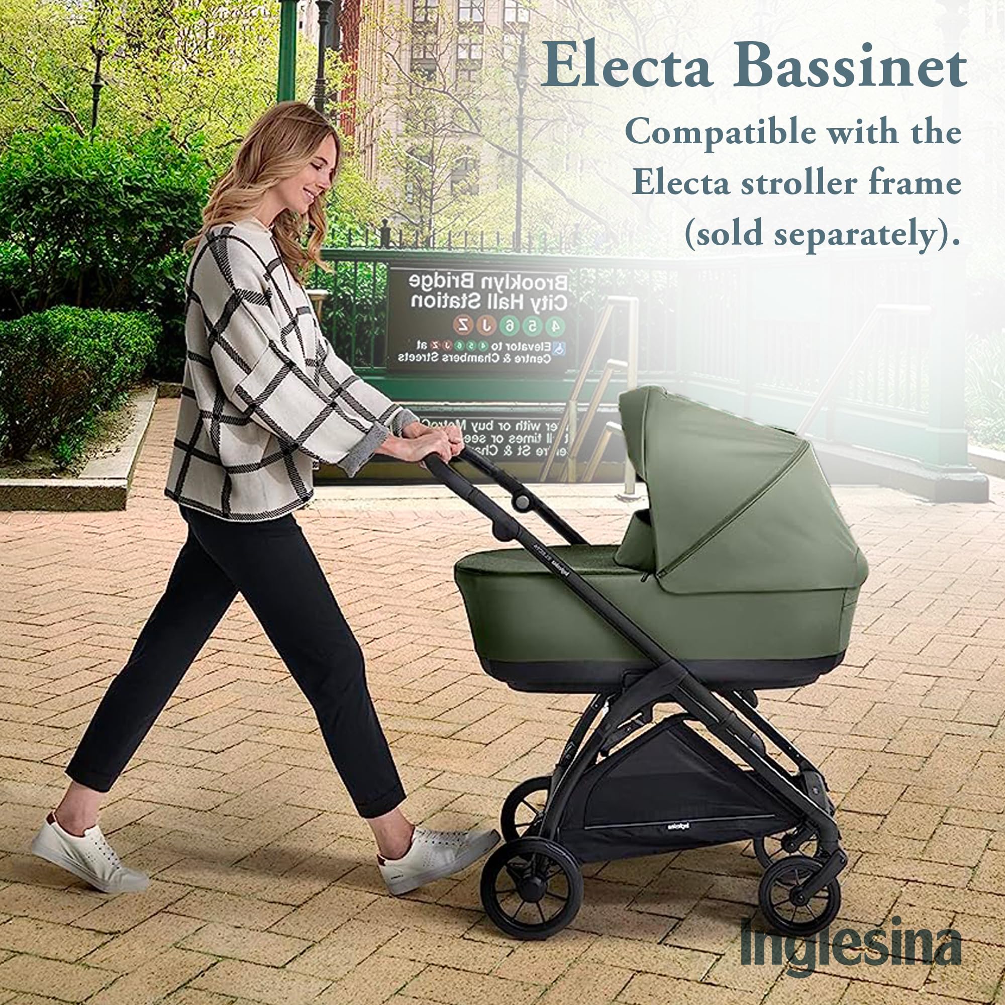 Inglesina Electa Bassinet & Stand for Newborns & Babies up to 6 Months - Portable Crib with Ventilation System, Cover & Canopy - Compatible with Electa Stroller - Tribeca Green - Perfect for Overnight Sleep, Nursery & Travel Use