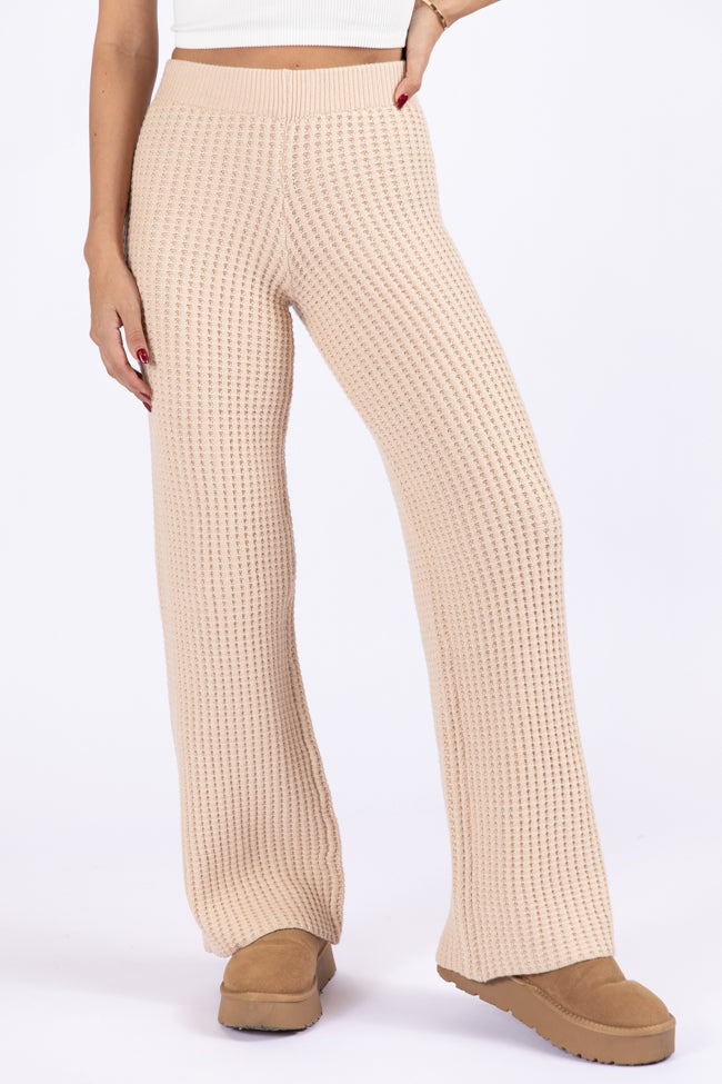Tan Thermal Waffle Knit Pants for Women - Cozy Winter Lounge Pants with Elastic Waistband - Perfect for Home, Travel & Cold Weather Comfort