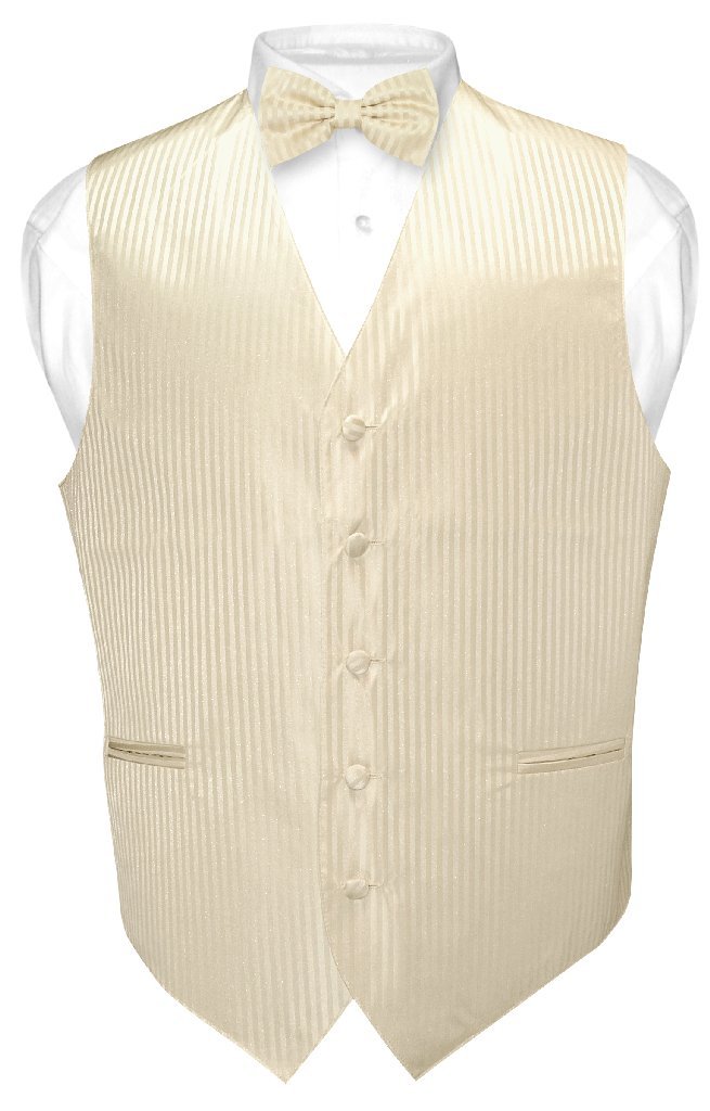 Men's Dress Vest & Bow Tie Set - Egg Yolk Cream Vertical Striped Design | Formal Attire for Weddings, Prom & Business Events