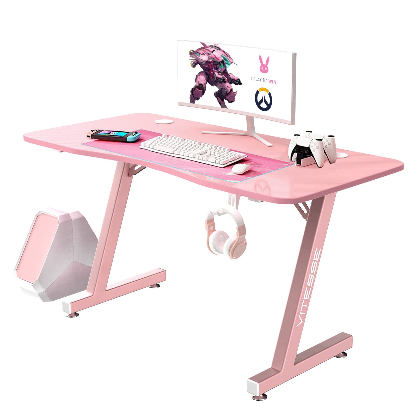VITESSE Pink 40-inch Ergonomic Gaming Desk for Girls - Cute Kawaii Style Computer Desk with Headphone Hook | Perfect for Streaming, Gaming & Home Office Setup