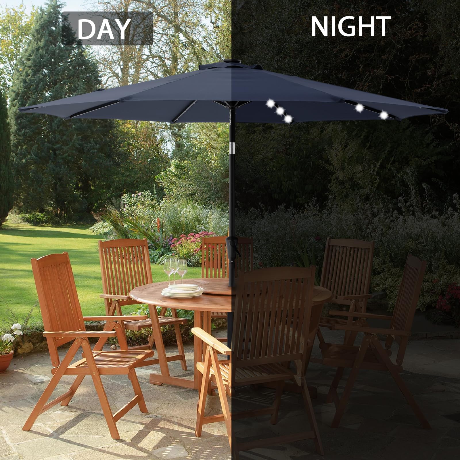 COBANA 9-Foot Solar Powered LED Patio Umbrella with Heavy Duty Base - 32 LED Lights Outdoor Market Umbrella for Garden, Poolside, Restaurant & Backyard Dining