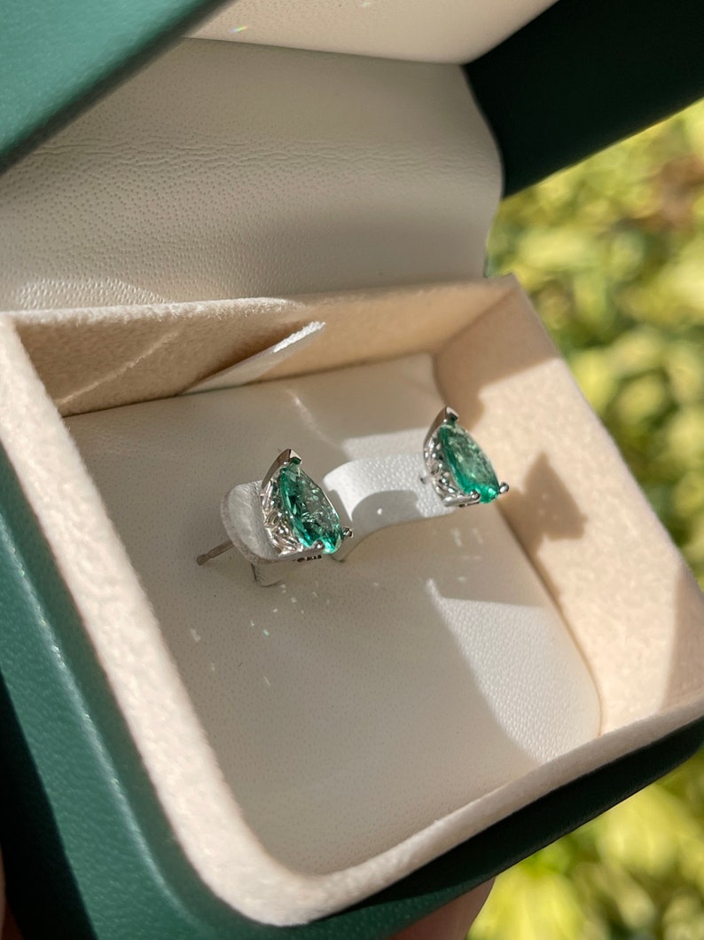 2.10tcw 14K Gold Emerald Stud Earrings - 3 Prong Teardrop Solitaire Earrings for Women, Classic Traditional Dangle Earrings for Wedding, Party & Everyday Wear