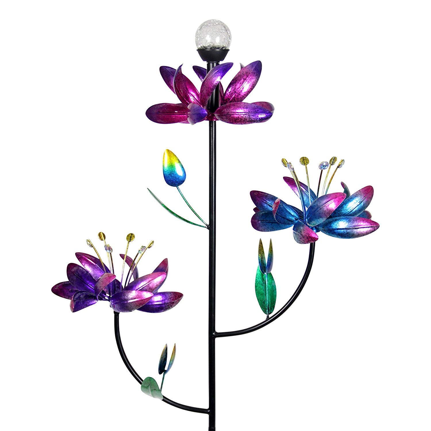 Exhart Solar Garden Lights - Color Changing LED Lotus Flower Wind Spinner with Crackle Ball & 3 Flowers, 20.5 x 70 Inch Outdoor Yard Decor for Patio, Lawn, Pathway & Garden Decoration