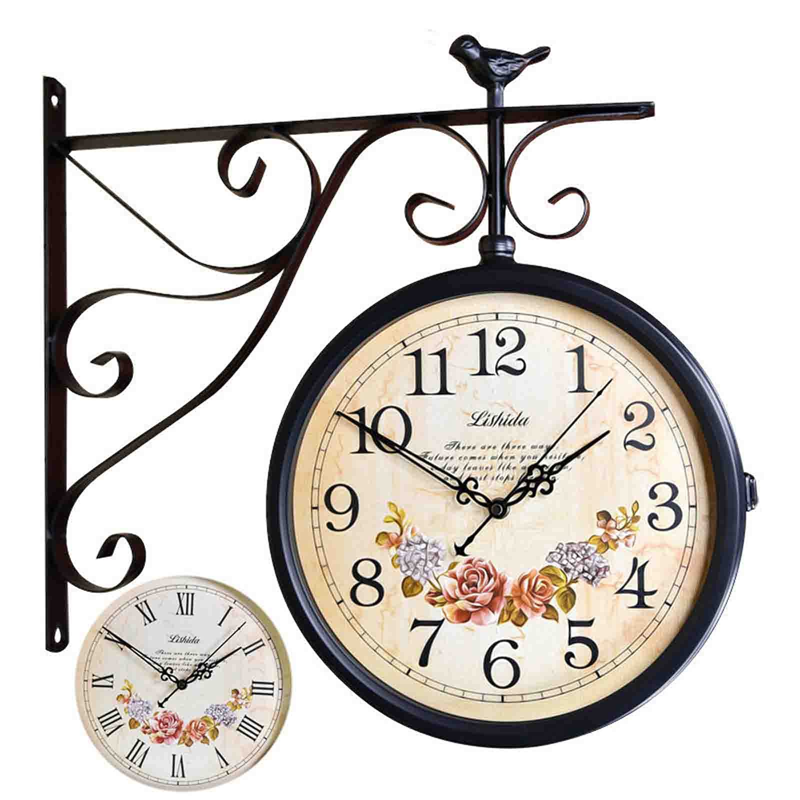 Vintage Double Sided Wall Clock - Silent Iron Metal Grand Central Station Style - 360° Rotating Antique Decorative Wall Art for Living Room, Bedroom & Office Decor