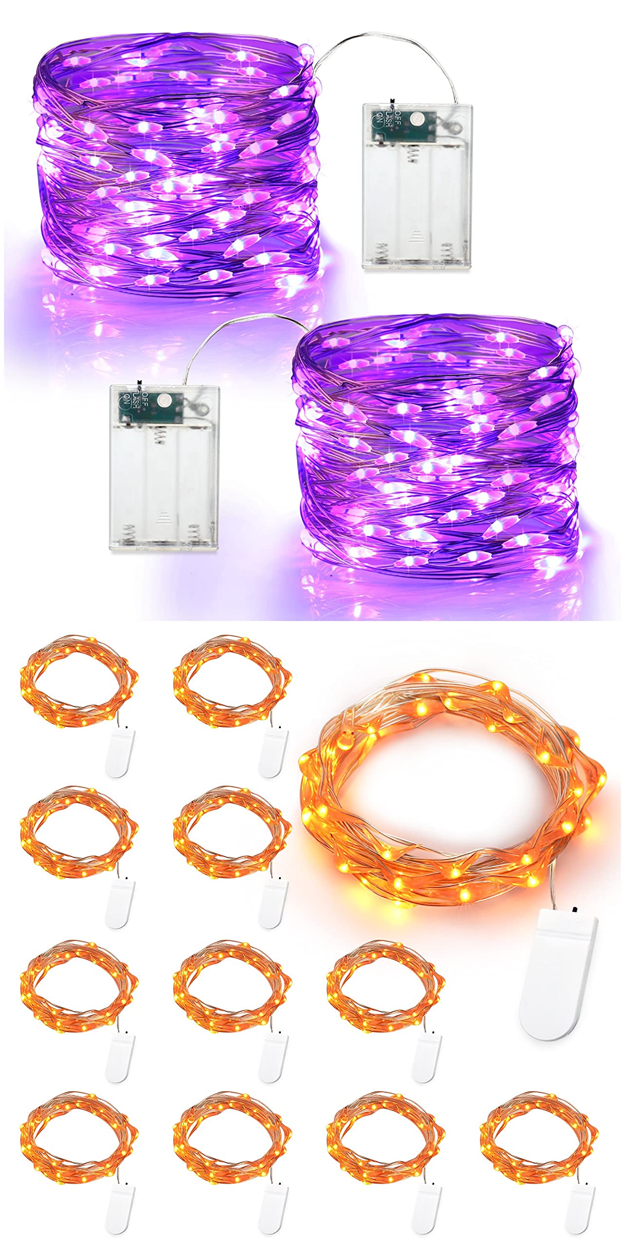 Brizled 2 Pack 60 LED Purple Halloween Fairy Lights + 12 Pack 20 LED Orange Halloween Fairy Lights - Spooky Indoor Party Decorations for Halloween, Haunted House, and Pumpkin Lighting