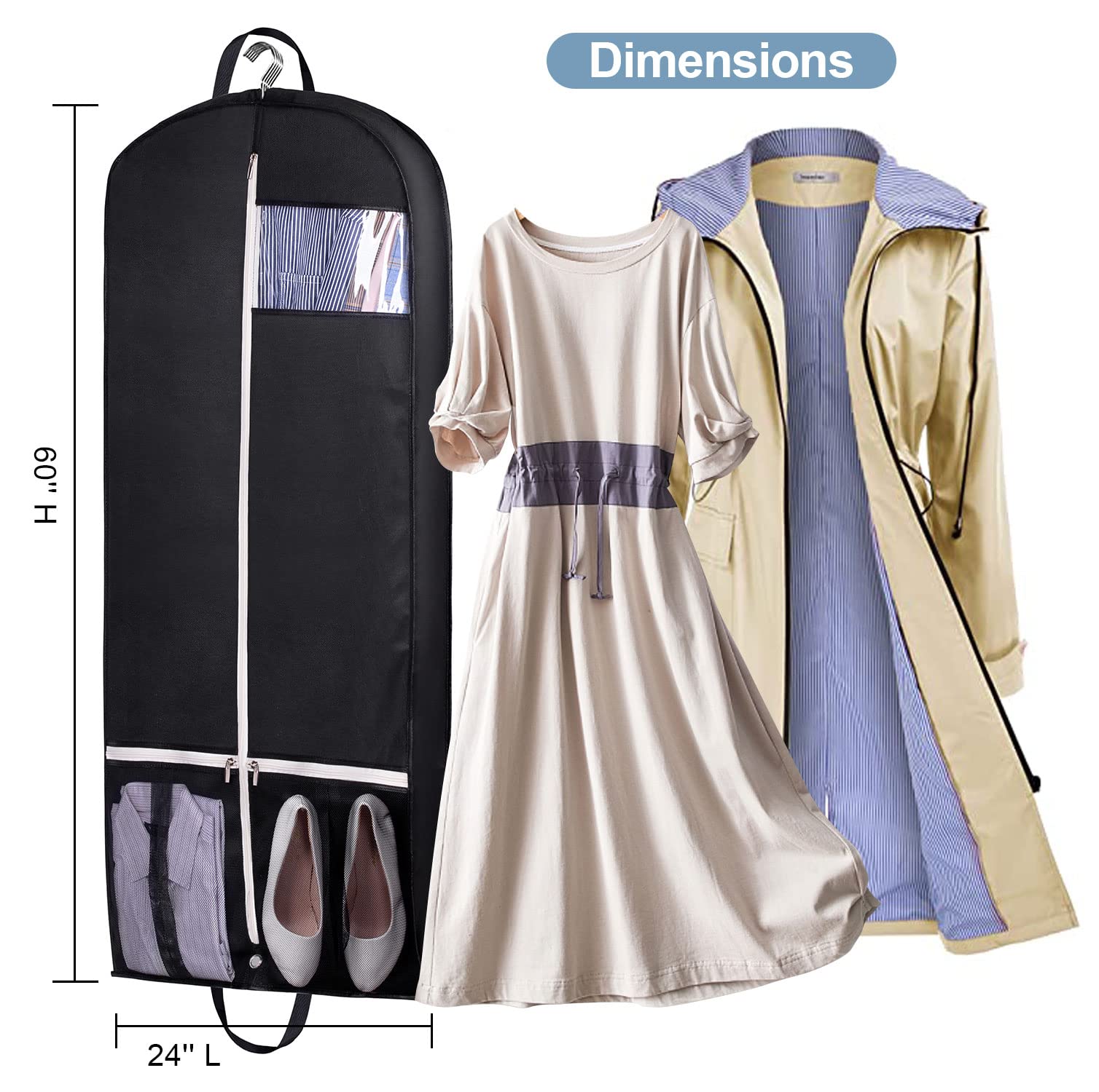 60'' Gusseted Garment Bag for Travel - Breathable Dress Bag with Two Mesh Pockets for Gowns & Formal Wear (Black) | Perfect for Weddings, Business Trips & Closet Organization