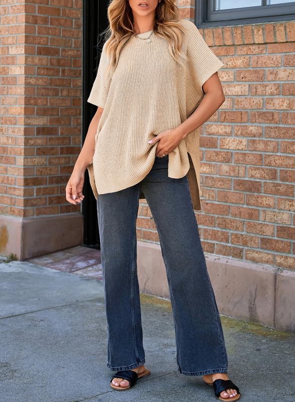 SHEWIN Women's Casual Short Sleeve Sweater - Loose Oversized Shirt Spring Tops for Women 2025 | Comfortable Everyday Wear, Office Outfits & Weekend Style