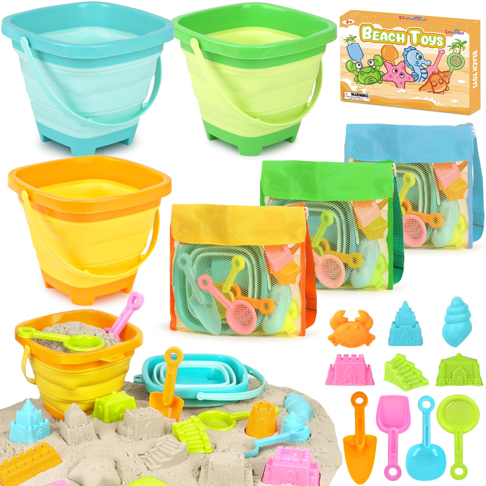 Dreamon Collapsible Beach Toys for Kids Ages 3-10 - 3 Pack Foldable Sand Buckets with Mesh Bag, 24 PCS Sand Molds & Shovels - Travel Friendly Sandbox Toys for Toddlers | Perfect for Beach Vacations, Backyard Play & Summer Outdoor Activities