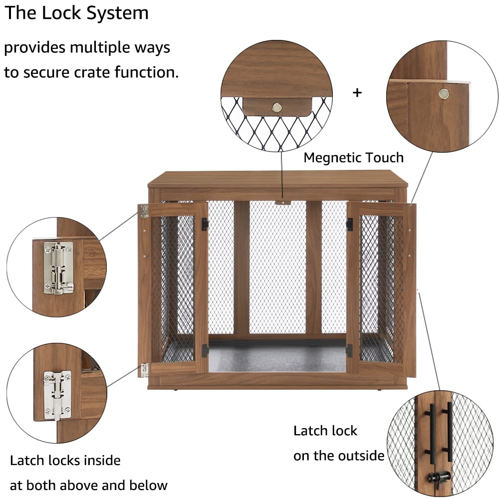Unipaws Modern Wooden Dog Crate with Tray - Large Indoor Pet Kennel House Cage with Door, Aesthetic Walnut End Table & Nightstand for Living Room, Bedroom Decor | Perfect for Home, Office & Apartment Use
