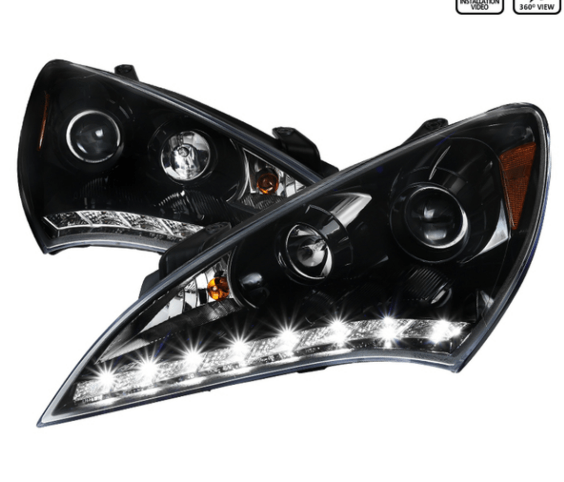 2010-2012 Hyundai Genesis Coupe Projector Headlights with SMD LED Light Strip - Jet Black Housing & Clear Lens - High Performance LED Headlight Conversion Kit for Night Driving & Car Upgrades