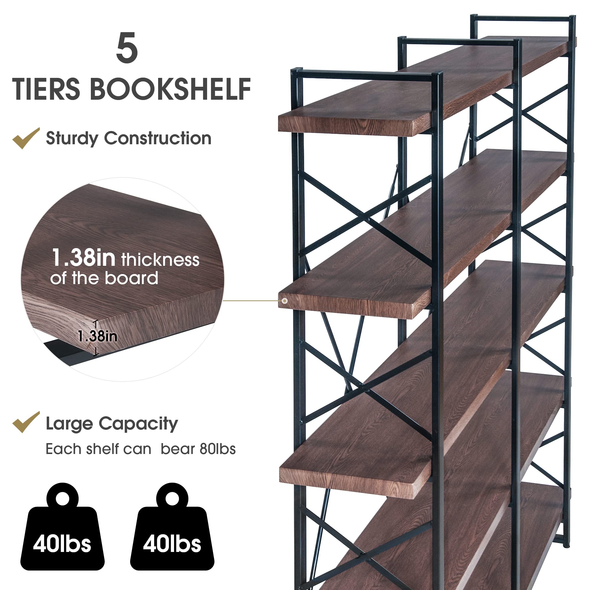 Merax 5-Tier Industrial Bookshelf - X Design Metal Frame Storage Shelf for Home Office, Living Room & Bedroom (Espresso, 71 Inch) - Perfect for Organizing Books, Decor & Office Supplies