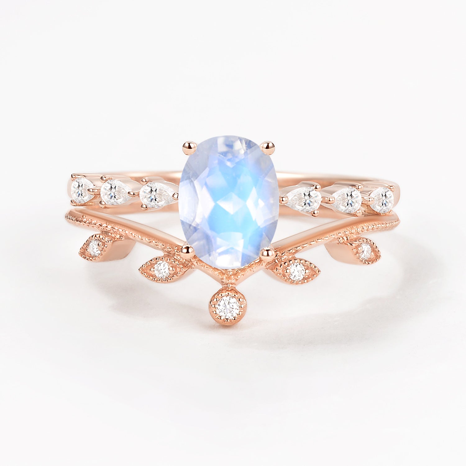 1.5ct Oval Moonstone Pave Vintage Leafy Ring Set 2pcs - Elegant Bohemian Jewelry for Women, Perfect for Weddings, Parties & Special Occasions