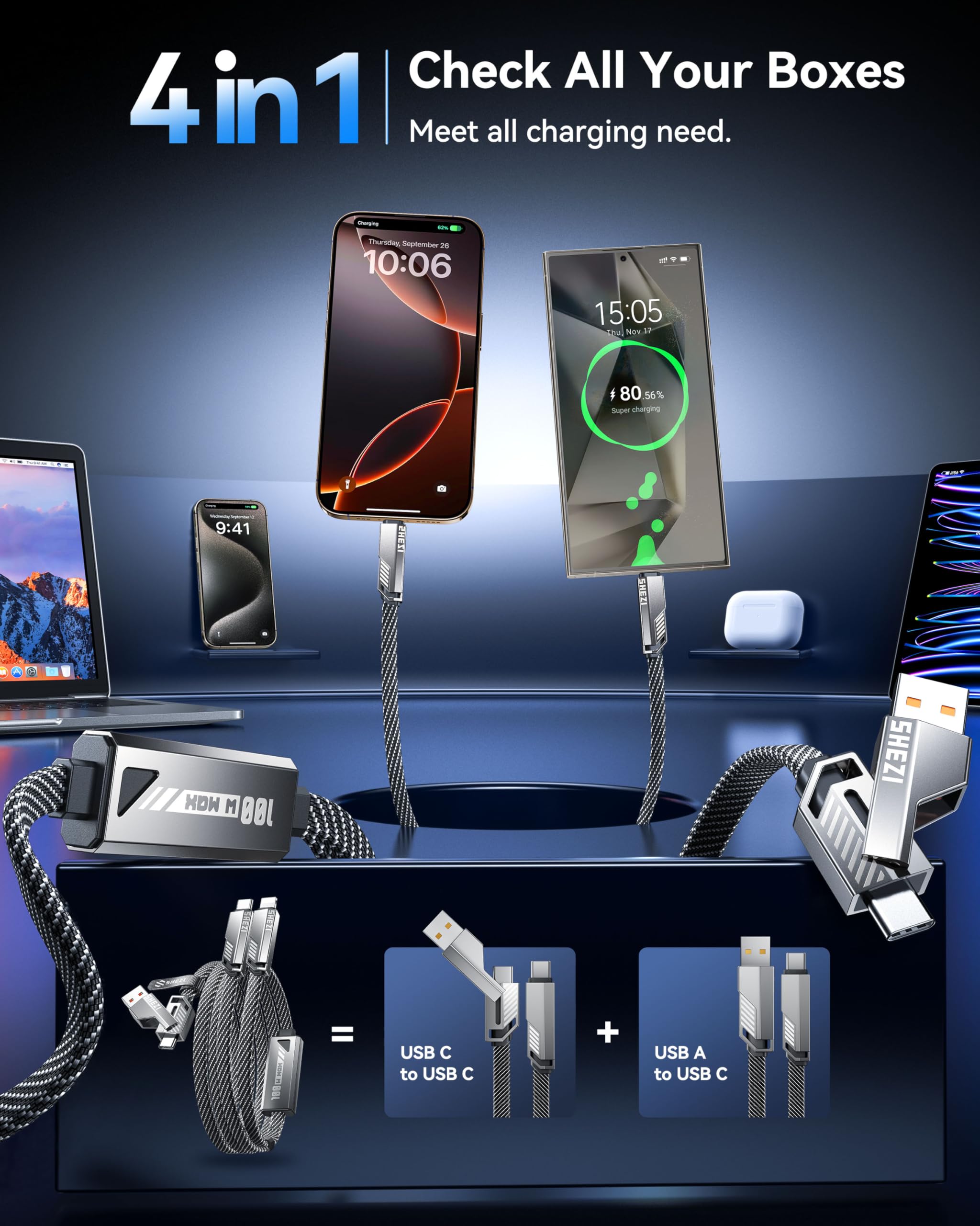 SHEZI 100W USB C Fast Charging Cable 5FT - 4-in-1 Multi Charger with USB A to Dual USB C Ports - Nylon Braided Cord Compatible with iPhone 16/15, MacBook, Samsung Galaxy - Perfect for Home, Office & Travel Charging