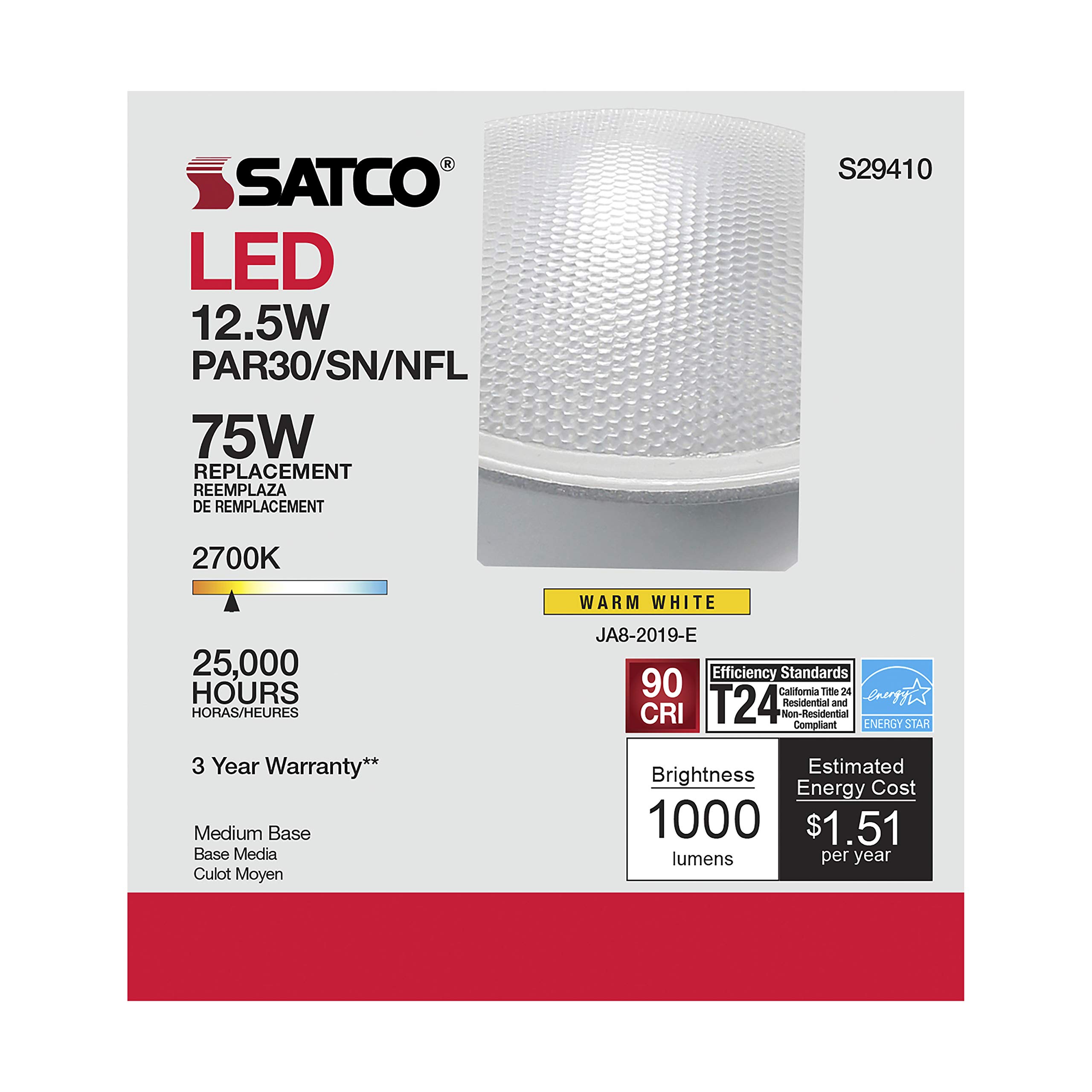 Satco S29410 12.5W PAR30SN LED Light Bulbs - 2700K Warm White (12 Pack) - Energy Efficient Dimmable Flood Lights for Home, Office, and Retail Spaces