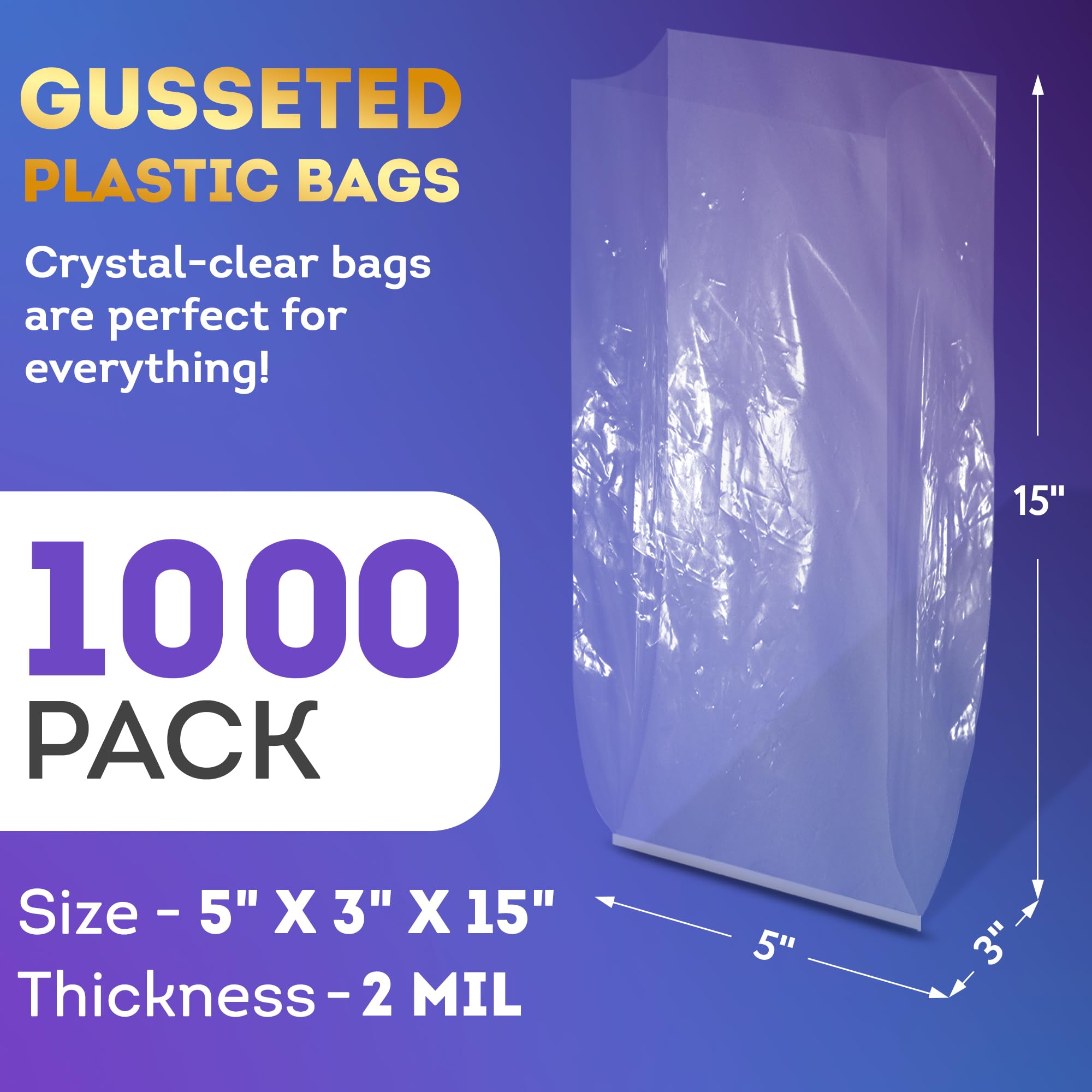 APQ Clear Gusseted Poly Bags 5x3x15 Inches - 1000 Pack Waterproof Flat Bottom Plastic Bags with Open Top - 2 Mil Thick Clear Packaging Bags for Popcorn, Cookies, Bread - Perfect for Party Favors, Bakery Storage & Retail Packaging