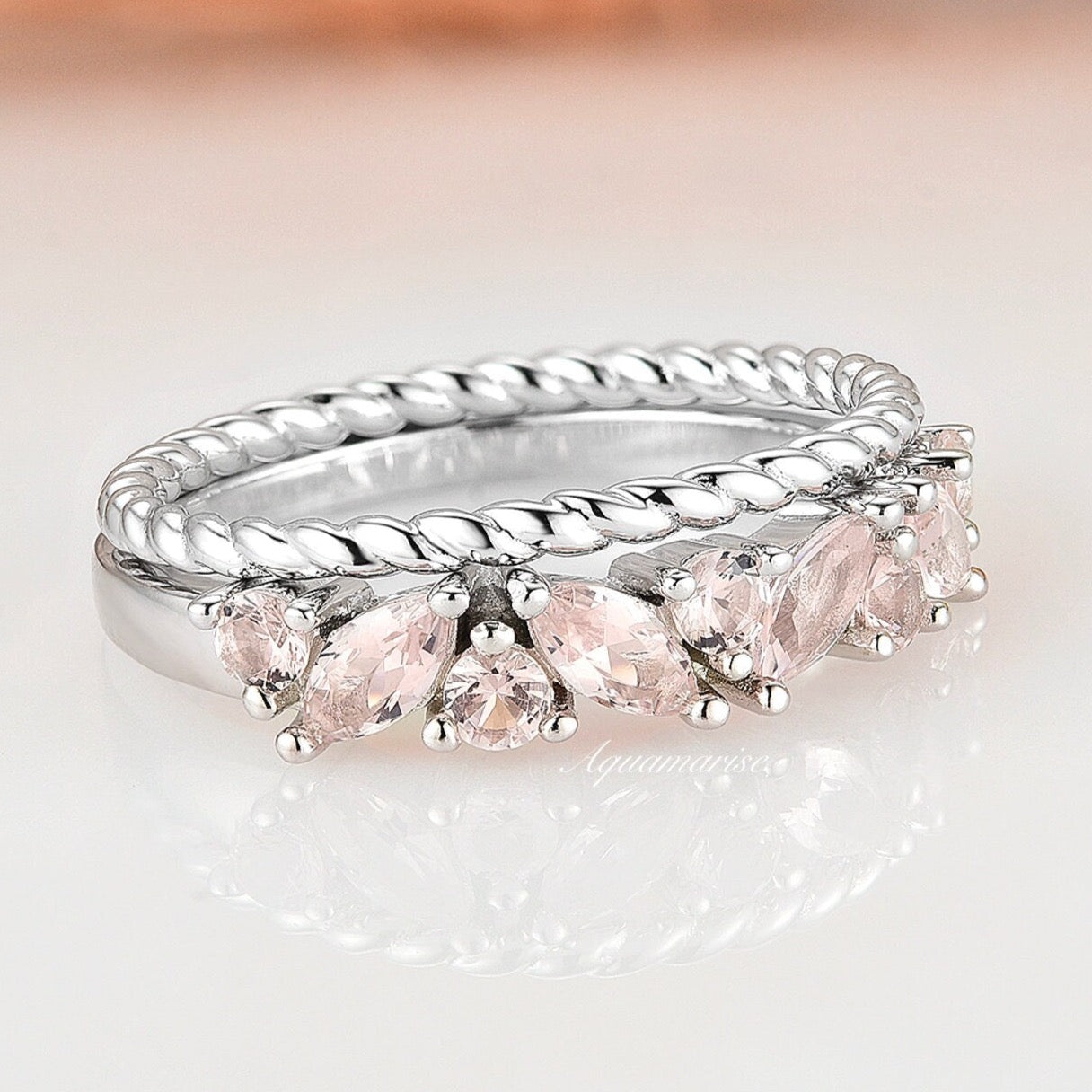 Willow Morganite Ring Set - Sterling Silver Rose Gold Plated Stackable Rings for Women, Elegant Wedding Engagement Promise Gift for Her | Perfect for Anniversaries, Valentine's Day & Special Occasions