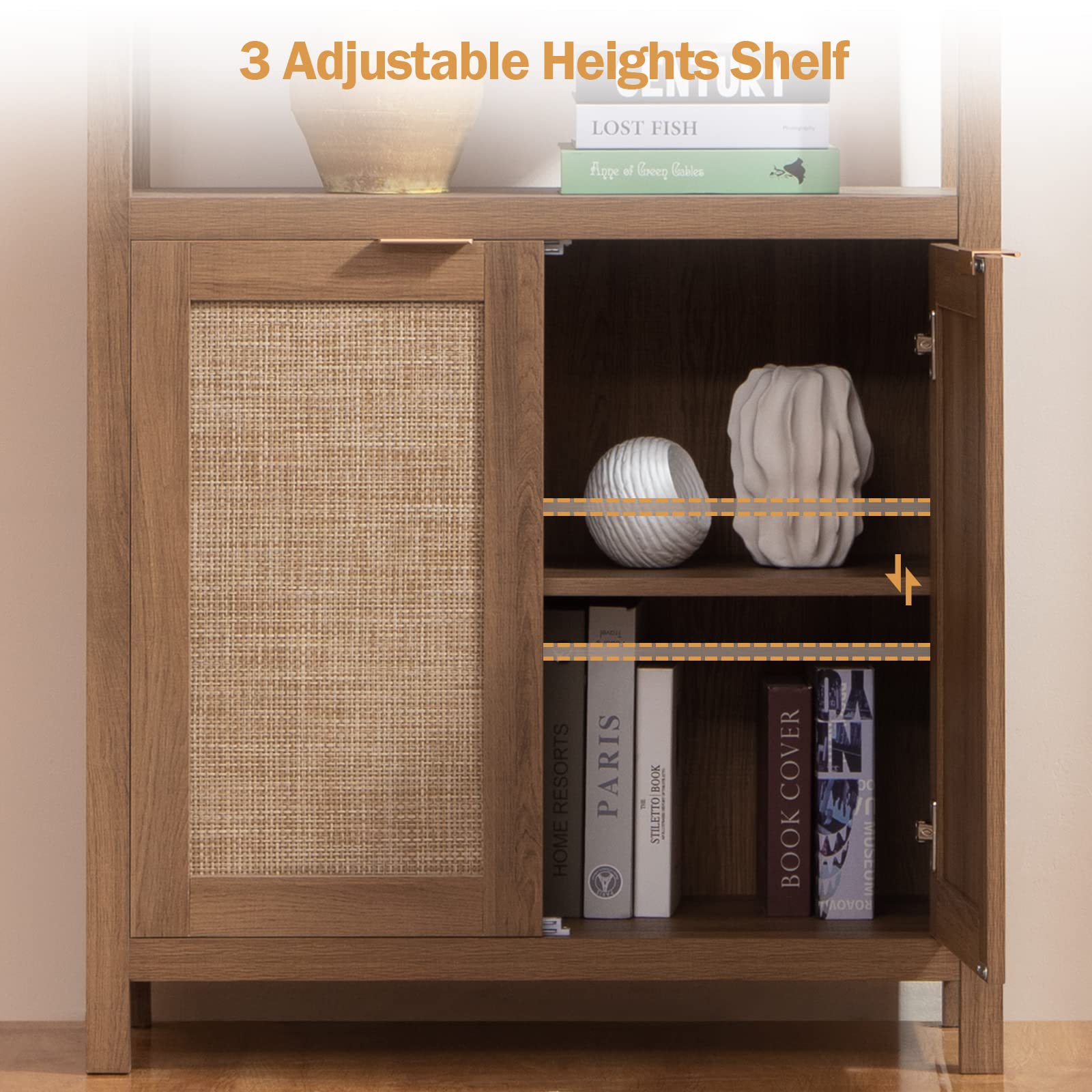 5-Tier Rattan Boho Bookshelf with Doors - 71