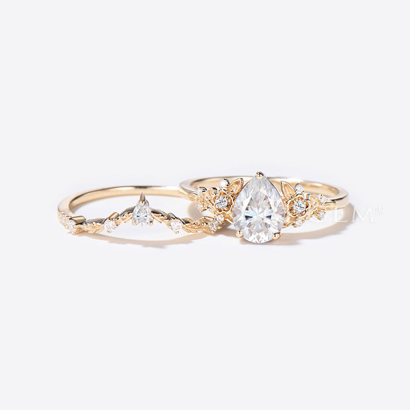 IGI Certified Pear Lab Grown Diamond Engagement Ring - 14k Gold Floral Leaf Wedding Band Set for Bridal, Anniversary & Special Occasions