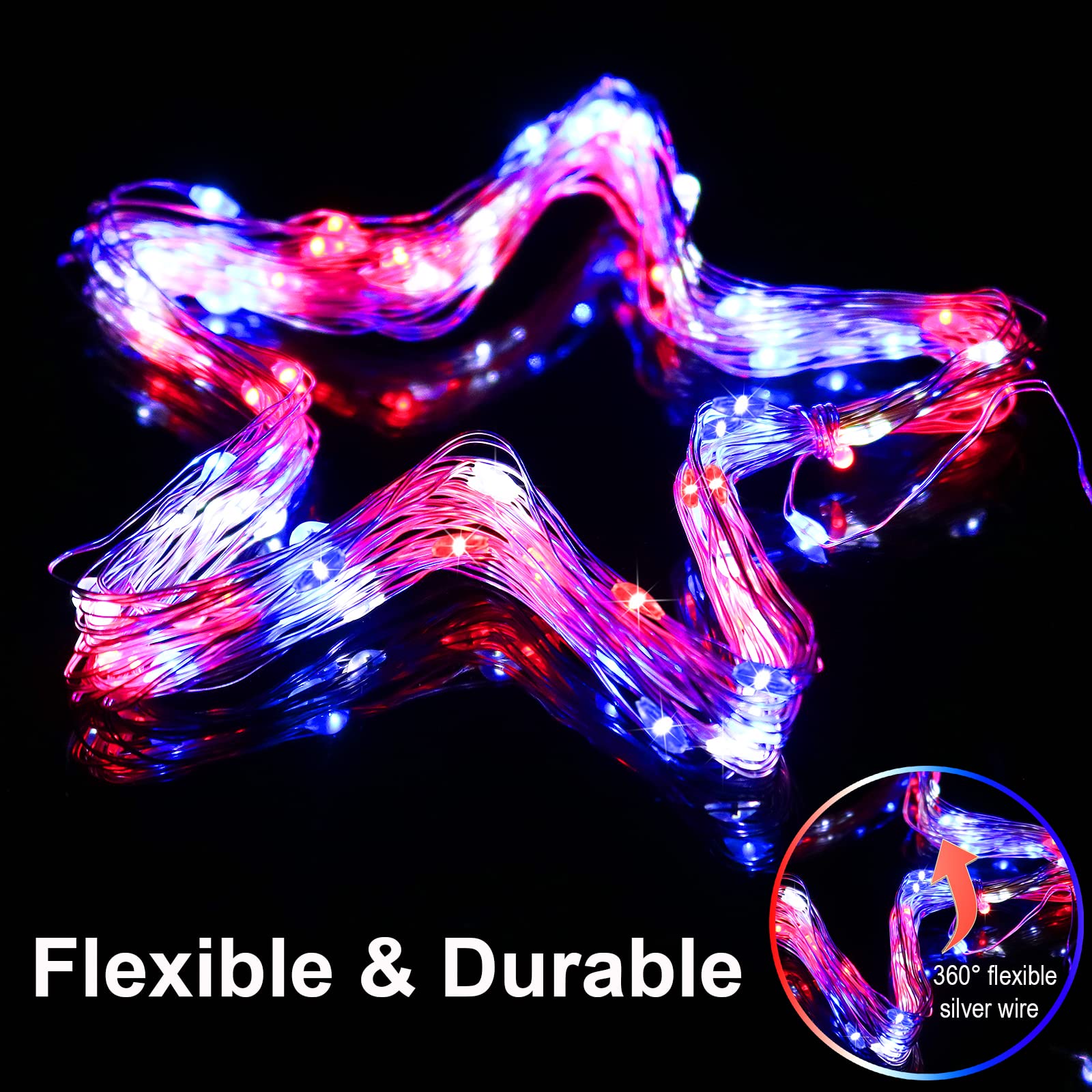 4th of July Patriotic Decorations - Solar Powered Outdoor String Lights (2 Pack) | 100 LED Red White & Blue Waterproof Fairy Lights (33ft Each, IP67) | 8 Lighting Modes for Memorial Day, Garden, Patio & Yard Decor | Perfect for Summer BBQs, Pool Parties & National Holiday Celebrations