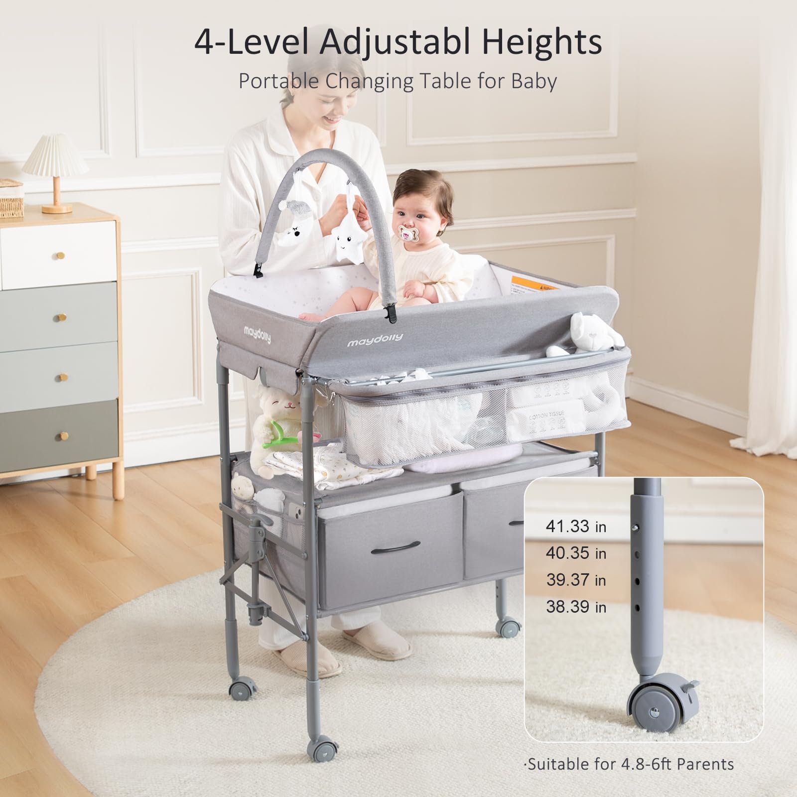 Maydolly Portable Baby Changing Table with Wheels - Adjustable Height, Waterproof, 2 Drawers - Folding Nursery Changing Station for Newborns & Infants (Grey) | Perfect for Home, Daycare & Travel Use