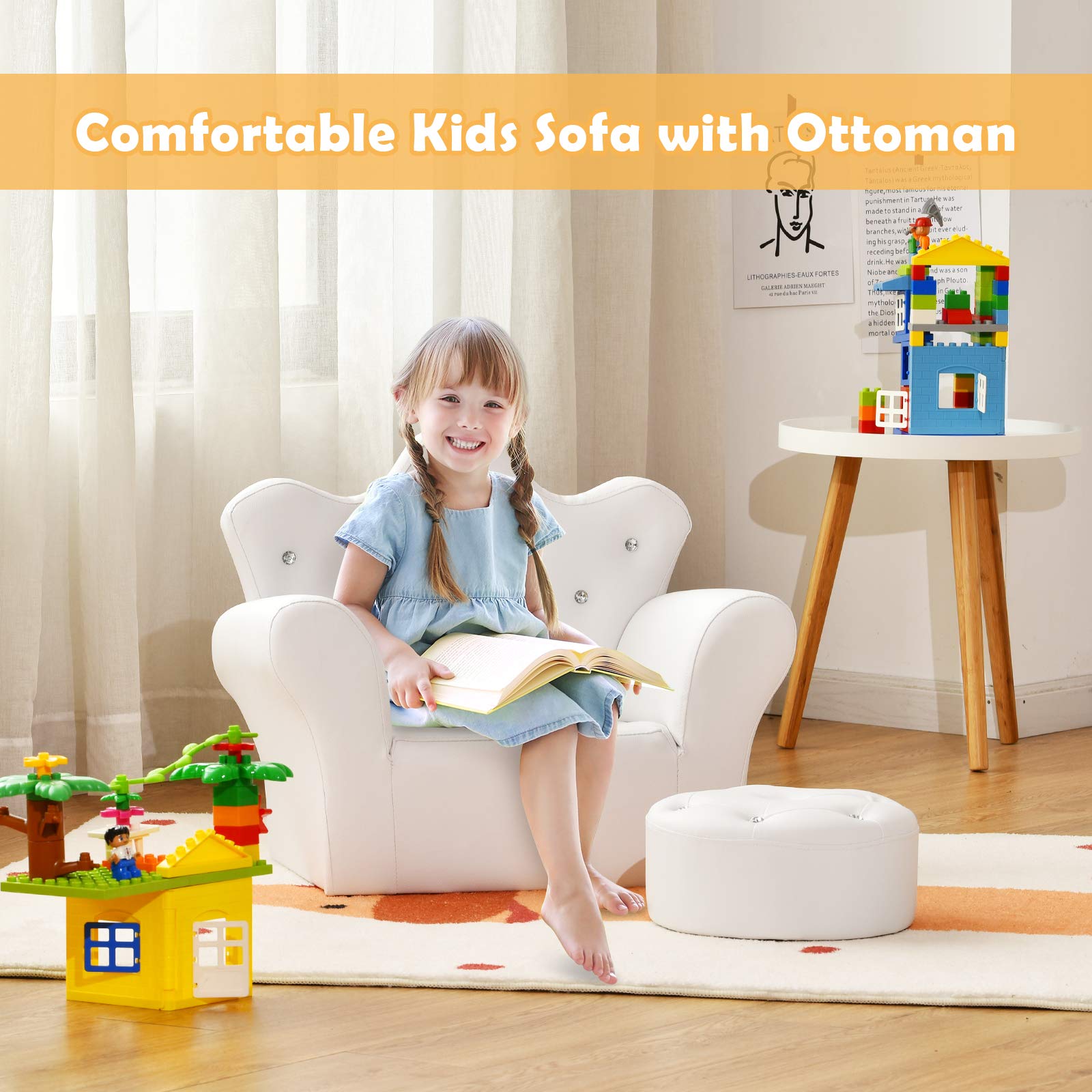 GLACER Kids Sofa with Ottoman - White PVC Leather Upholstered Crown-Back Armchair with Embedded Crystals, Princess Chair for Toddler Girls & Boys, Children's Furniture for Playroom, Bedroom & Nursery Decor