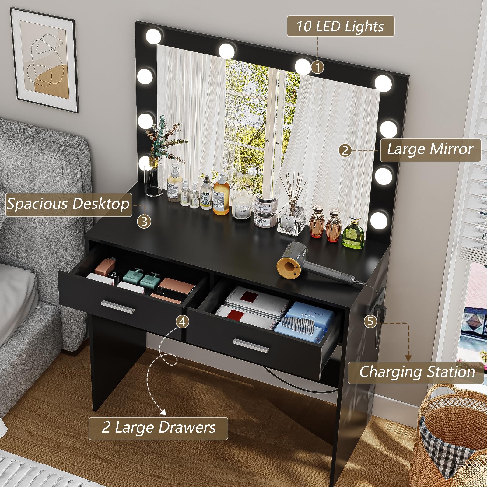 USIKEY Makeup Vanity Desk with Large LED Mirror - 10 Adjustable Lights, 2 Spacious Drawers & Built-in Power Outlet | Modern Dressing Table for Women & Girls | Perfect for Bedroom, Dorm Room or Beauty Salon (Black)