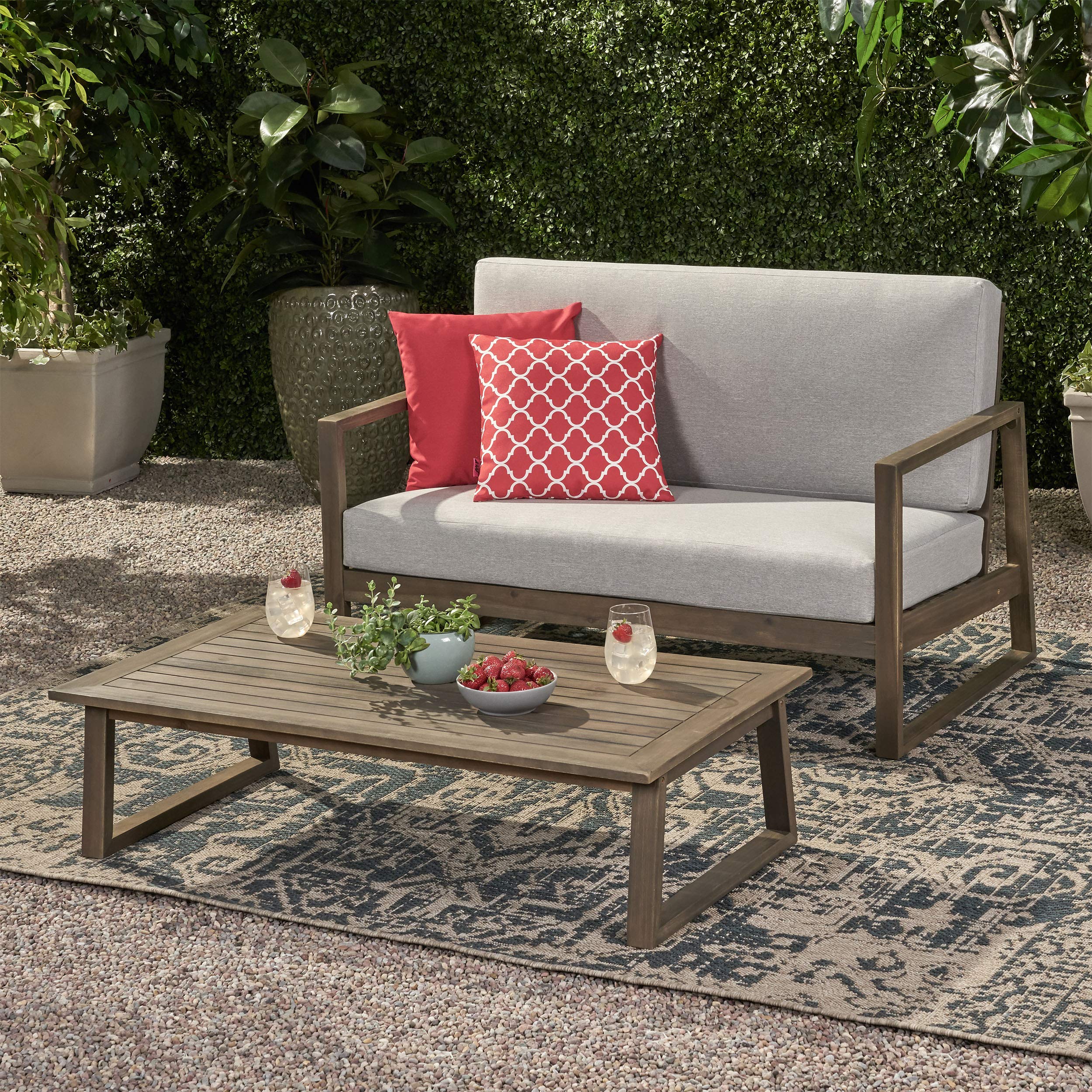 Premium Acacia Wood Outdoor Chat Set with Coffee Table - Gray & Light Gray Finish - Patio, Garden, Backyard Furniture for Relaxing & Entertaining