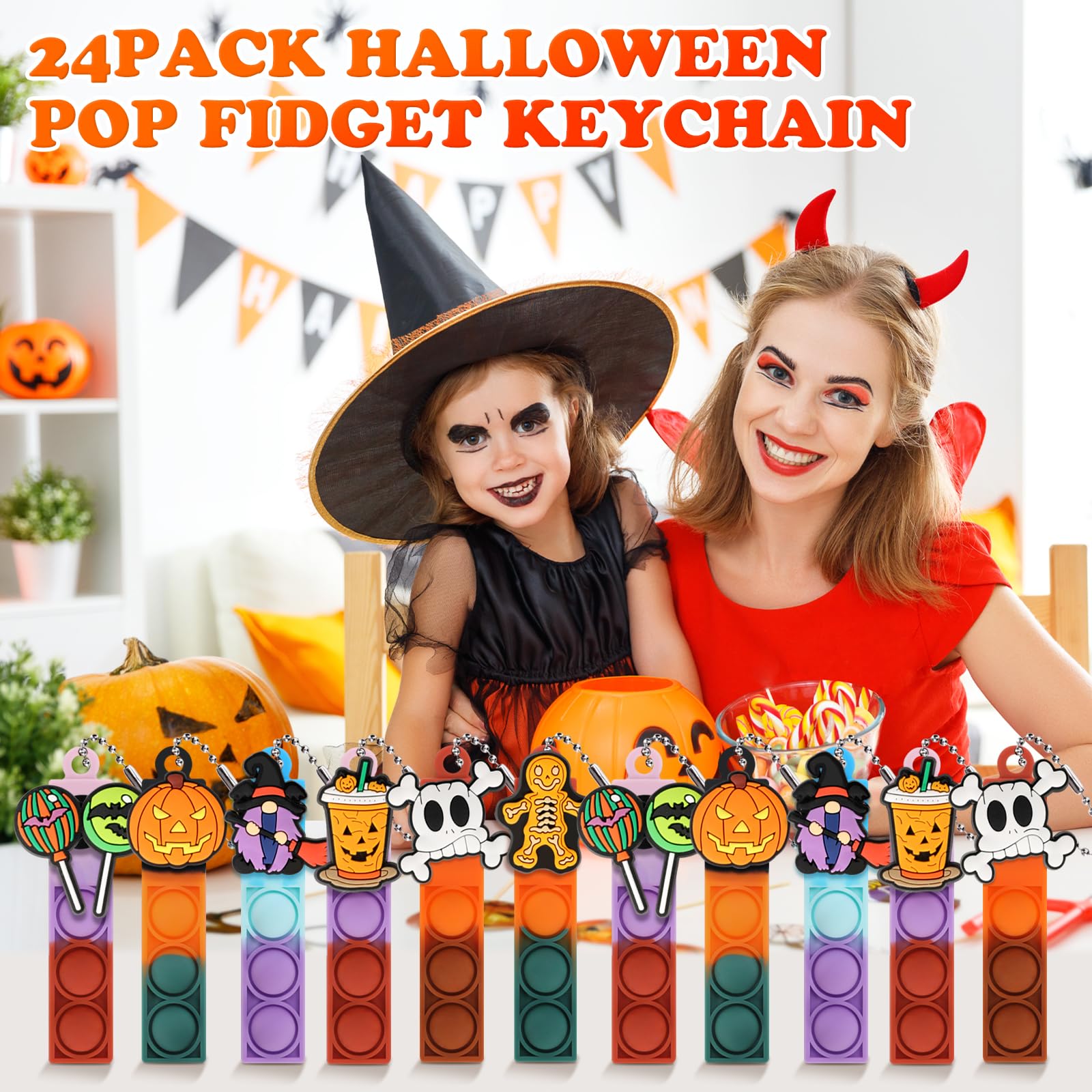 24-Piece Halloween Mini Pop Fidget Toys Bulk Pack - Sensory Stress Relief Keychain Toys for Kids, Party Favors, Classroom Prizes & Carnival Treasure - Perfect for Birthday Gifts, Desk Toys & Bag Fillers