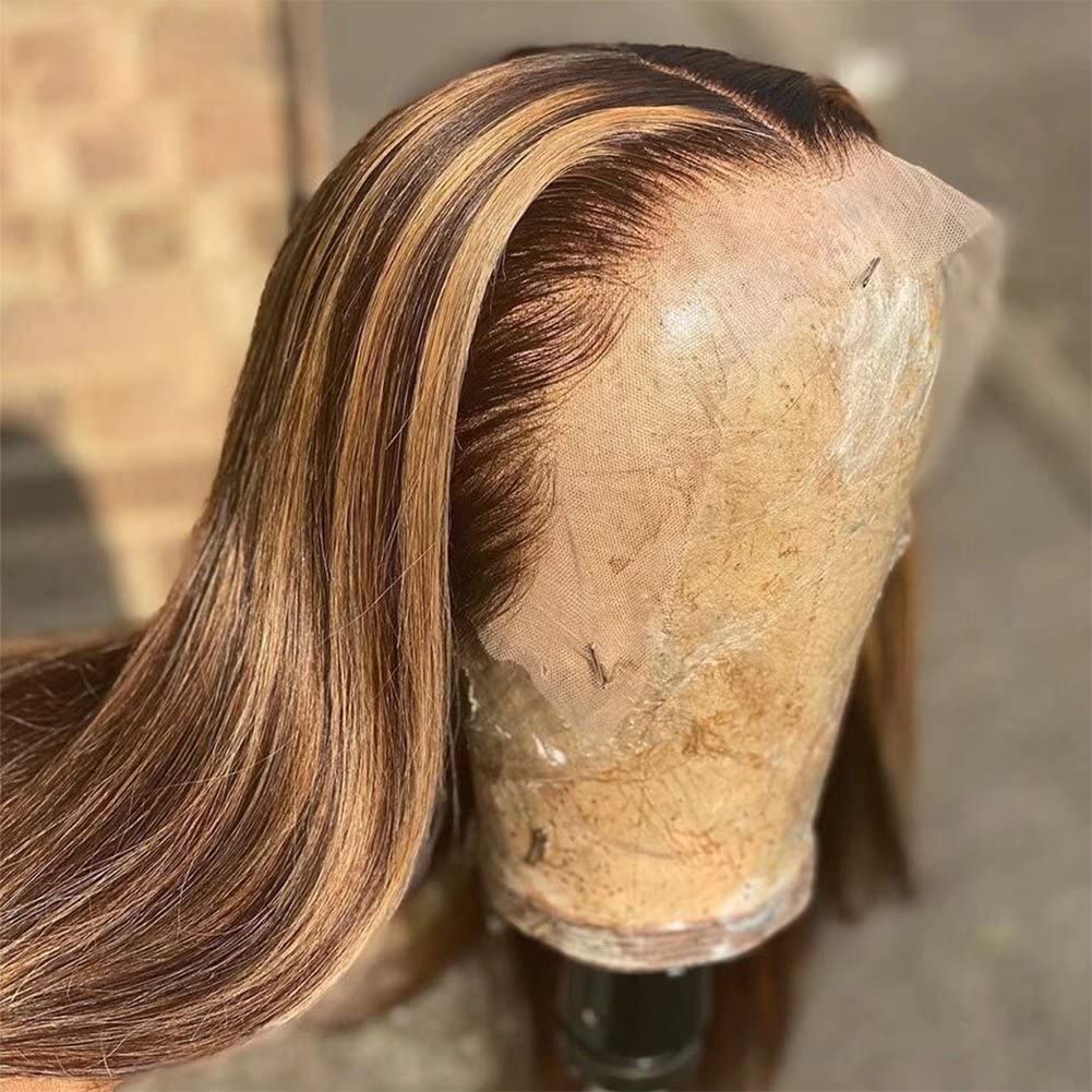 26 Inch HD Lace Front Wigs - Brazilian Virgin Human Hair Pre Plucked Straight Ombre Brown to Honey Blonde - 150% Density Glueless Wig for Daily Wear, Cosplay & Special Occasions