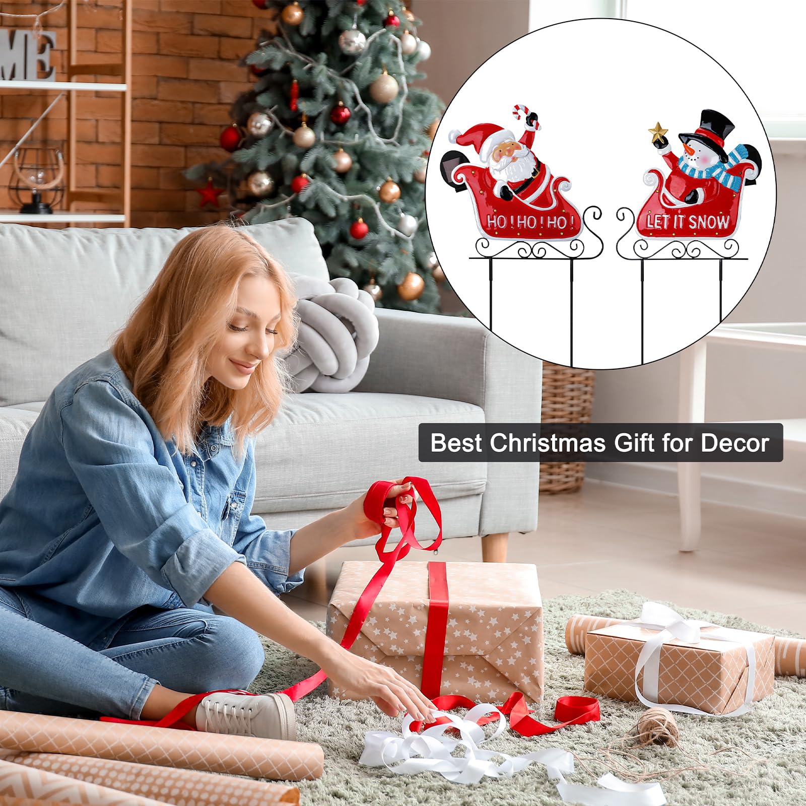 2 Pack Solar LED Christmas Yard Decorations - Santa Claus & Snowman Sleigh Metal Stakes for Outdoor Garden, Lawn, Pathway | Perfect for Holiday Displays, Winter Parties & Festive Home Decor