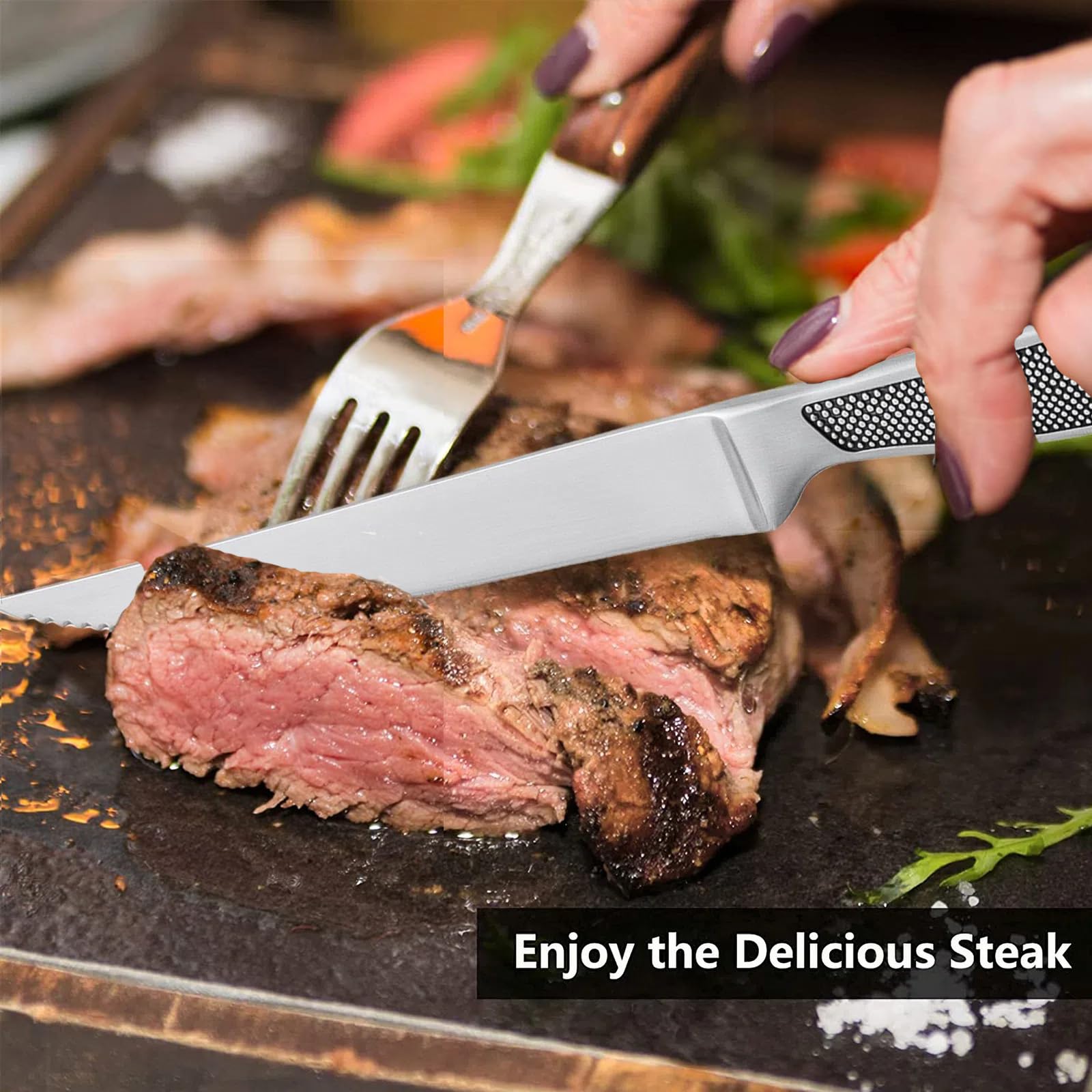 Premium Serrated Steak Knives Set of 4 - Stainless Steel Blades with Matte Finish, Dishwasher Safe & Ergonomic Non-Slip Handles - Perfect for Steak Dinners, BBQ Parties & Everyday Kitchen Use