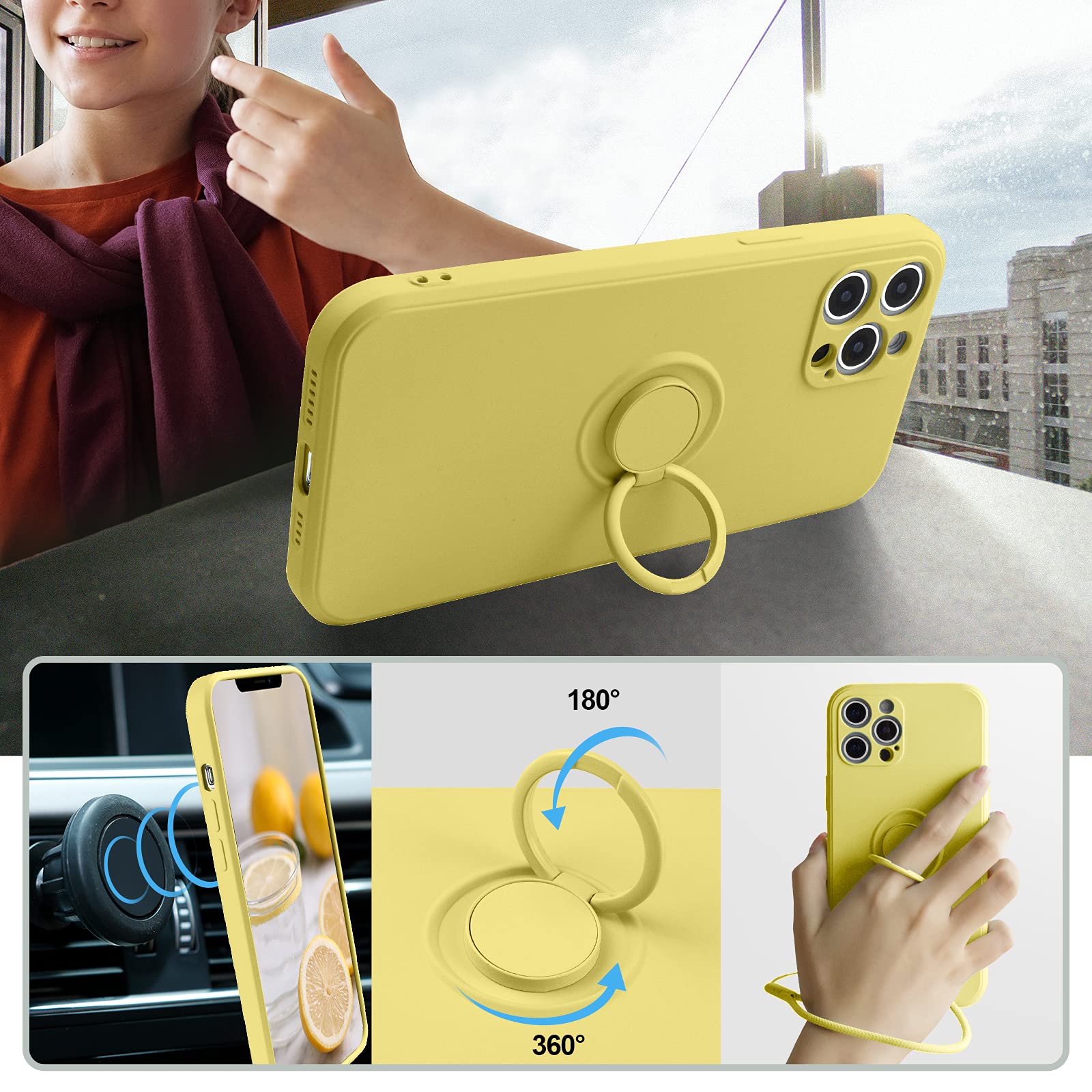 ABITKU iPhone 12 Pro Max Case (6.7-inch 2020 Model) - Premium Silicone Protective Cover with 360° Rotating Ring Kickstand & Car Mount Support | Soft Microfiber Lining | Yellow | Perfect for Daily Use, Travel & Hands-Free Viewing