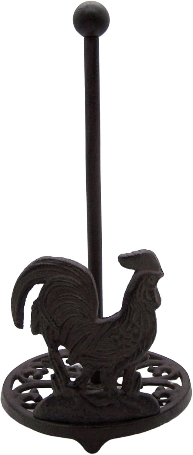 13 Inch Cast Iron Rooster Paper Towel Holder - Rustic Kitchen Decor for Farmhouse & Country Style Homes - Perfect for Kitchen Countertops, Pantries, and Dining Room Storage