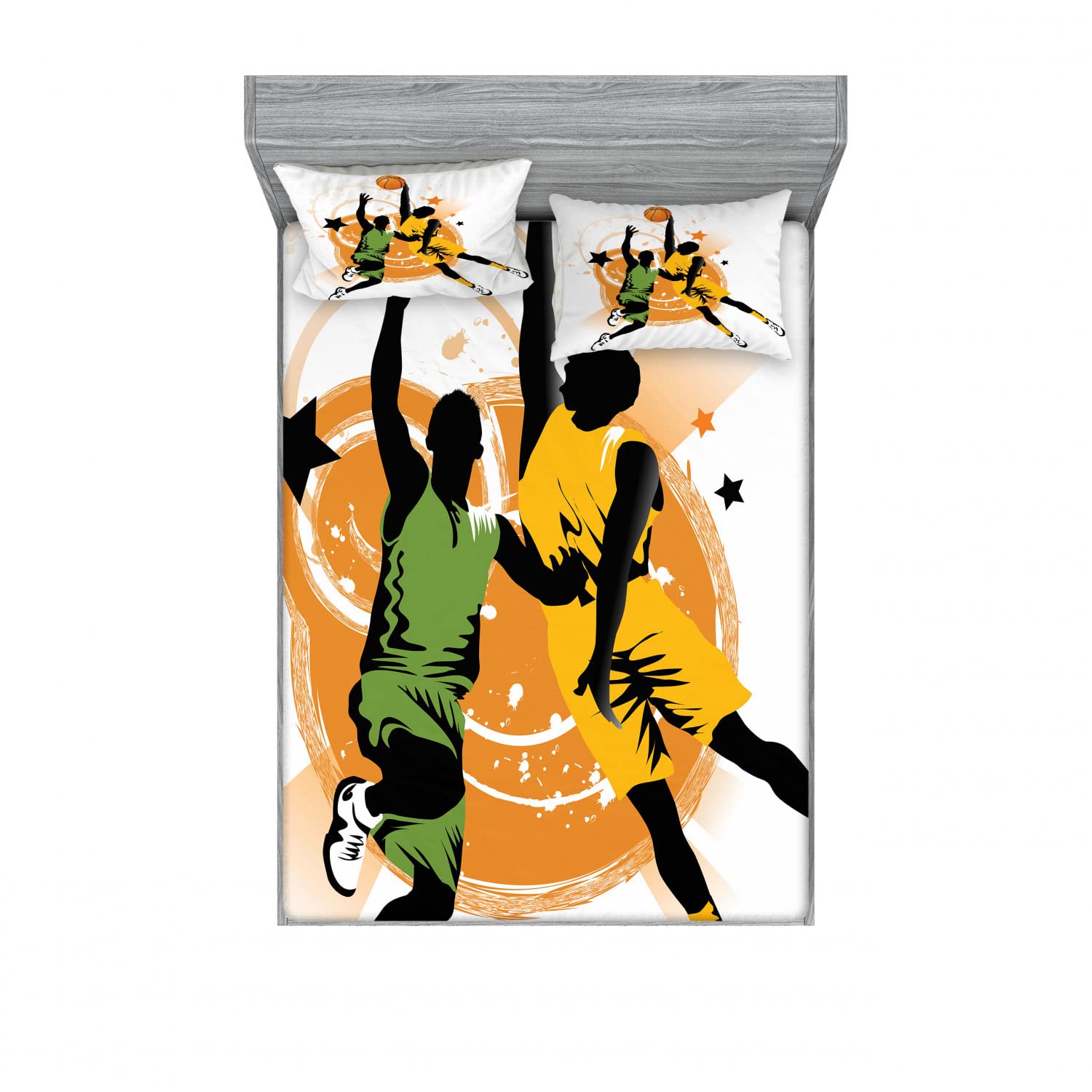 Ambesonne 2-Pack Queen Size Basketball Players Fitted Sheet & Pillow Sham Set - 4 Piece Bedding Decor (2 Fitted Sheets + 4 Pillow Covers) - Orange & Green Sports Theme - Perfect for Kids' Rooms, Dorm Decor, and Basketball Fans' Bedrooms