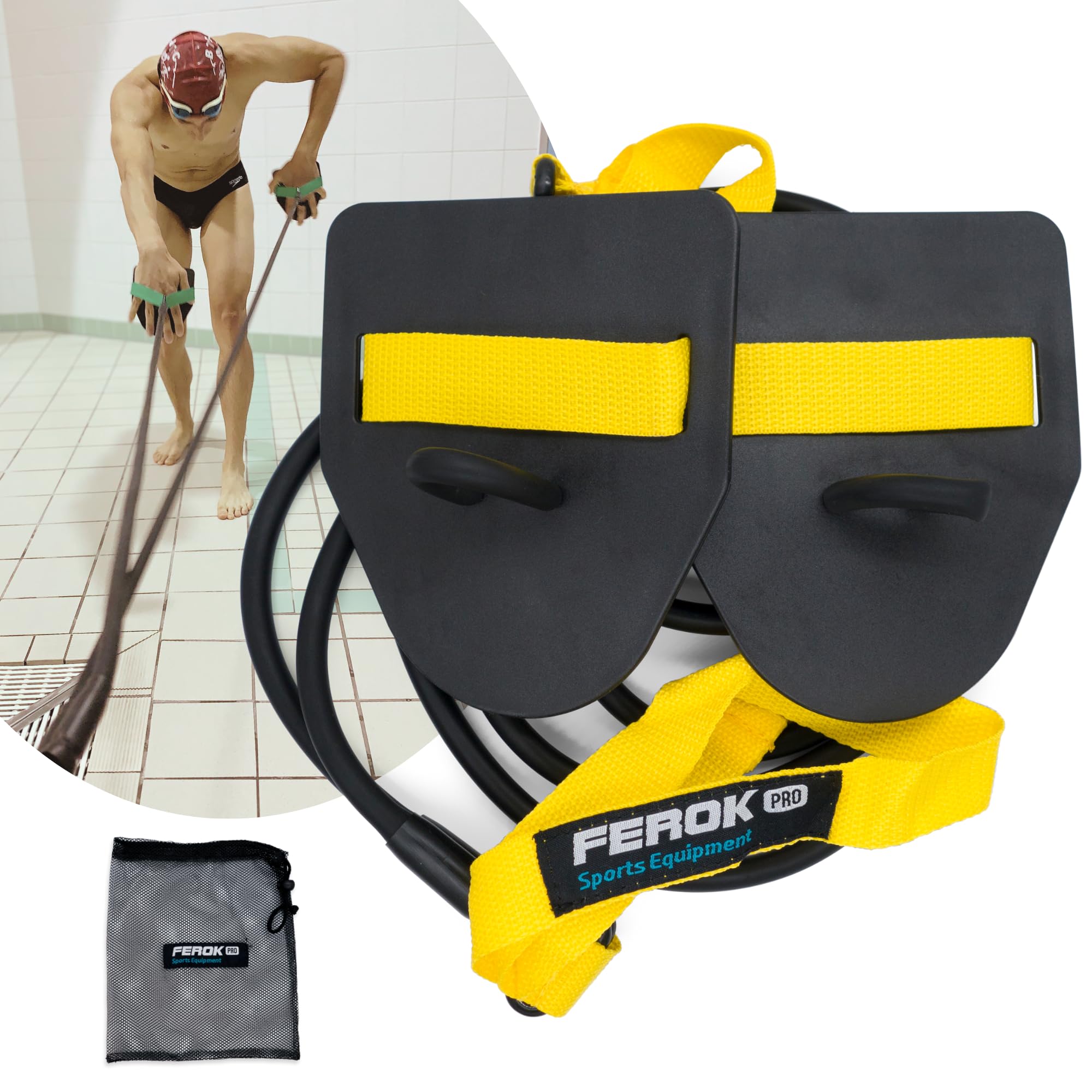 Premium Swimming Resistance Band Set with Hand Paddles - Professional Dryland Swim Training Equipment for Strength & Endurance - Waterproof Swim Exercise Bands & Cords - Ideal for Home Workouts, Poolside Training & Competitive Swimmers (Light Yellow)