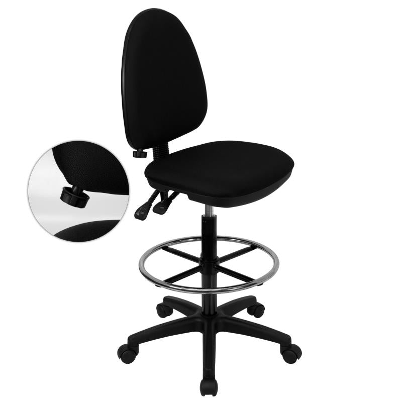FLASH Mid Back Black Fabric Ergonomic Drafting Chair with Adjustable Lumbar Support - Multifunctional Office Chair for Architects, Designers & Home Office Use