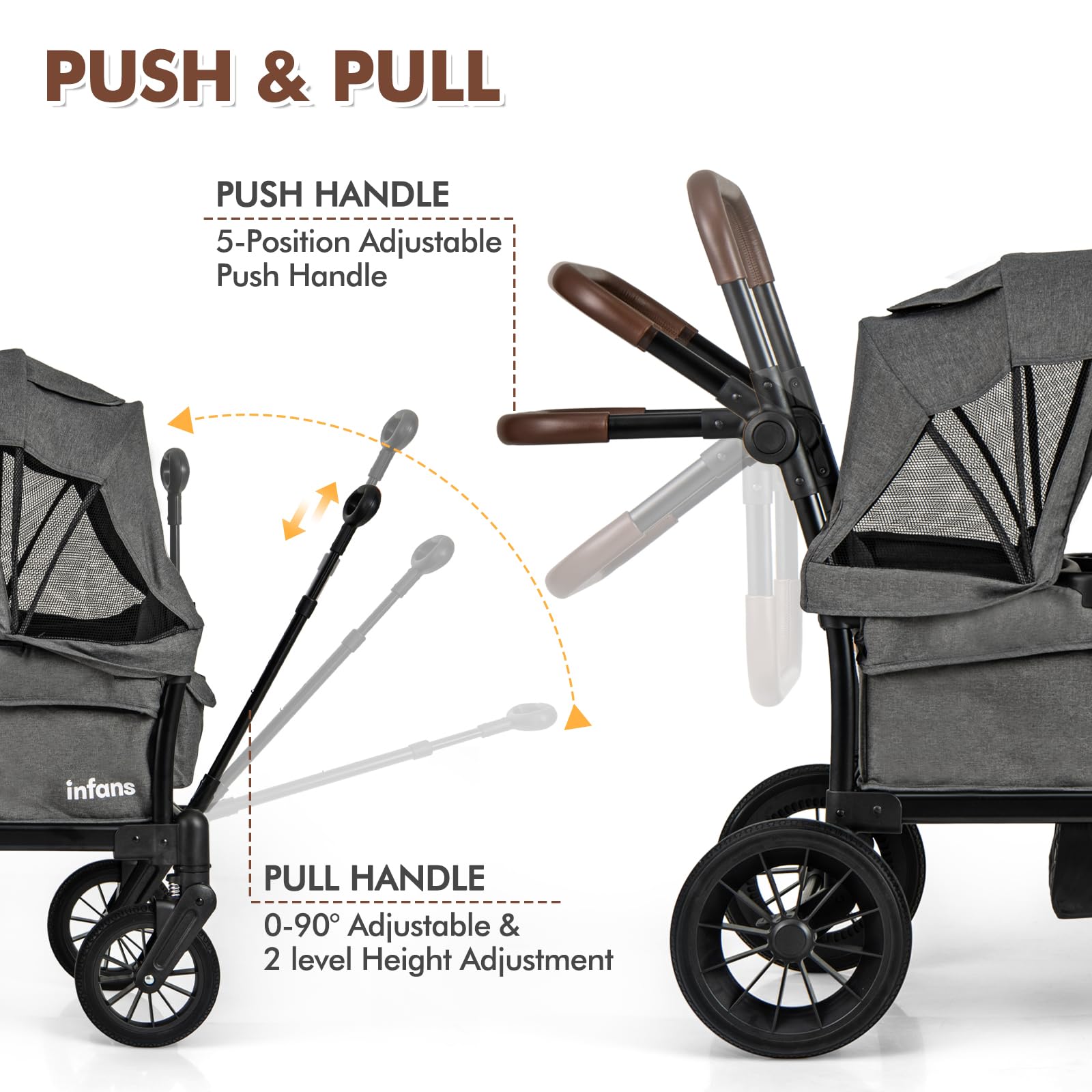 **INFANS 2-in-1 Collapsible Stroller Wagon for Kids – Adjustable Push/Pull Handle, Removable Canopy & Snack Tray, Padded Seats & Drop-Down Footwell – Perfect for Beach, Park, and Family Outings**