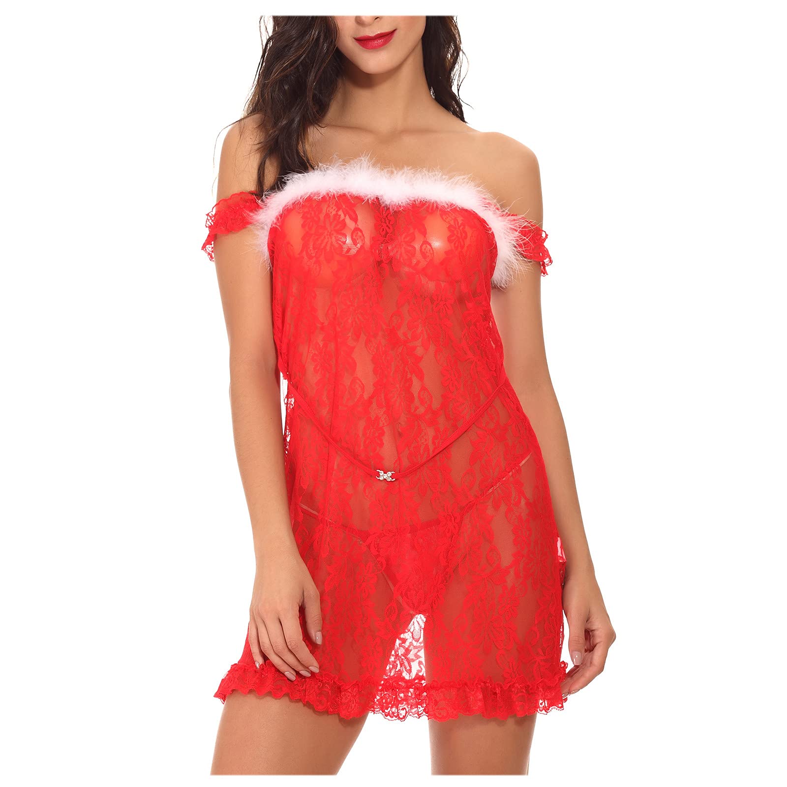 **Wodceeke Red Lace Mesh Sling Teddy Nightdress - Sexy See-Through Babydoll Pajamas for Women, Plus Size Lingerie - Perfect for Christmas Gifts, Valentine's Day & Romantic Nights**