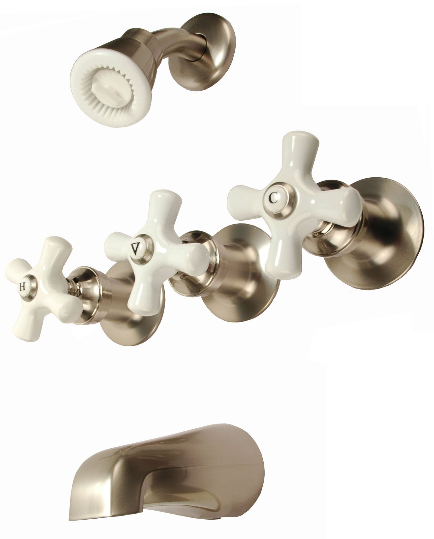 3-Handle Tub and Shower Faucet with Satin Nickel Finish - Porcelain Handles & Compression Stems by Plumb USA - Perfect for Bathroom Renovation and Modern Home Upgrade